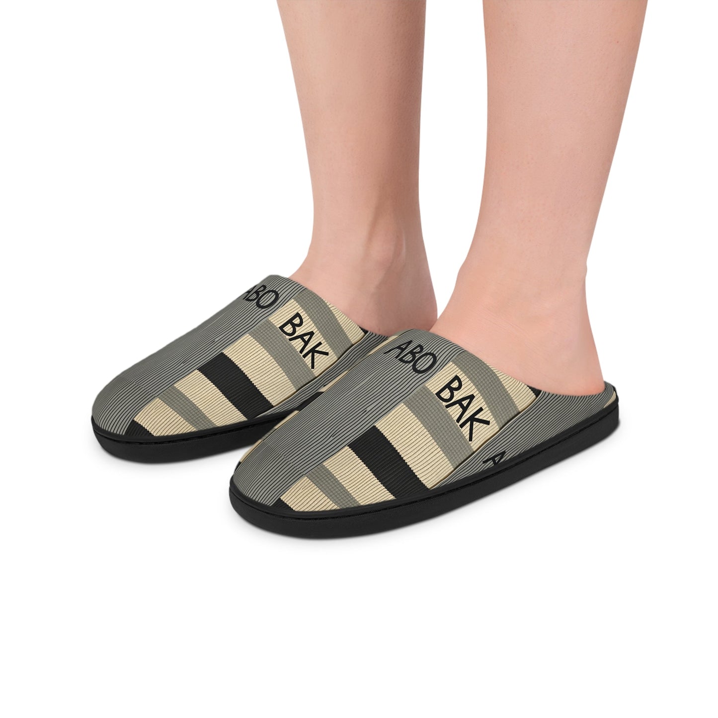 Striped Cozy Slippers — Neutral 'BAK ABO' Pattern Indoor Slides for Women BakAbo Studio BKS bakabo.club
