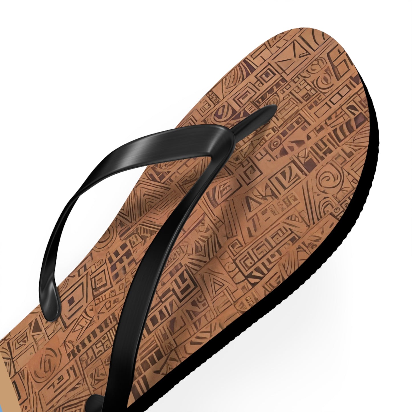 Tribal Carved Wood Pattern Flip Flops – Beach Sandals with Geometric Tiki Design Printify bakabo.club