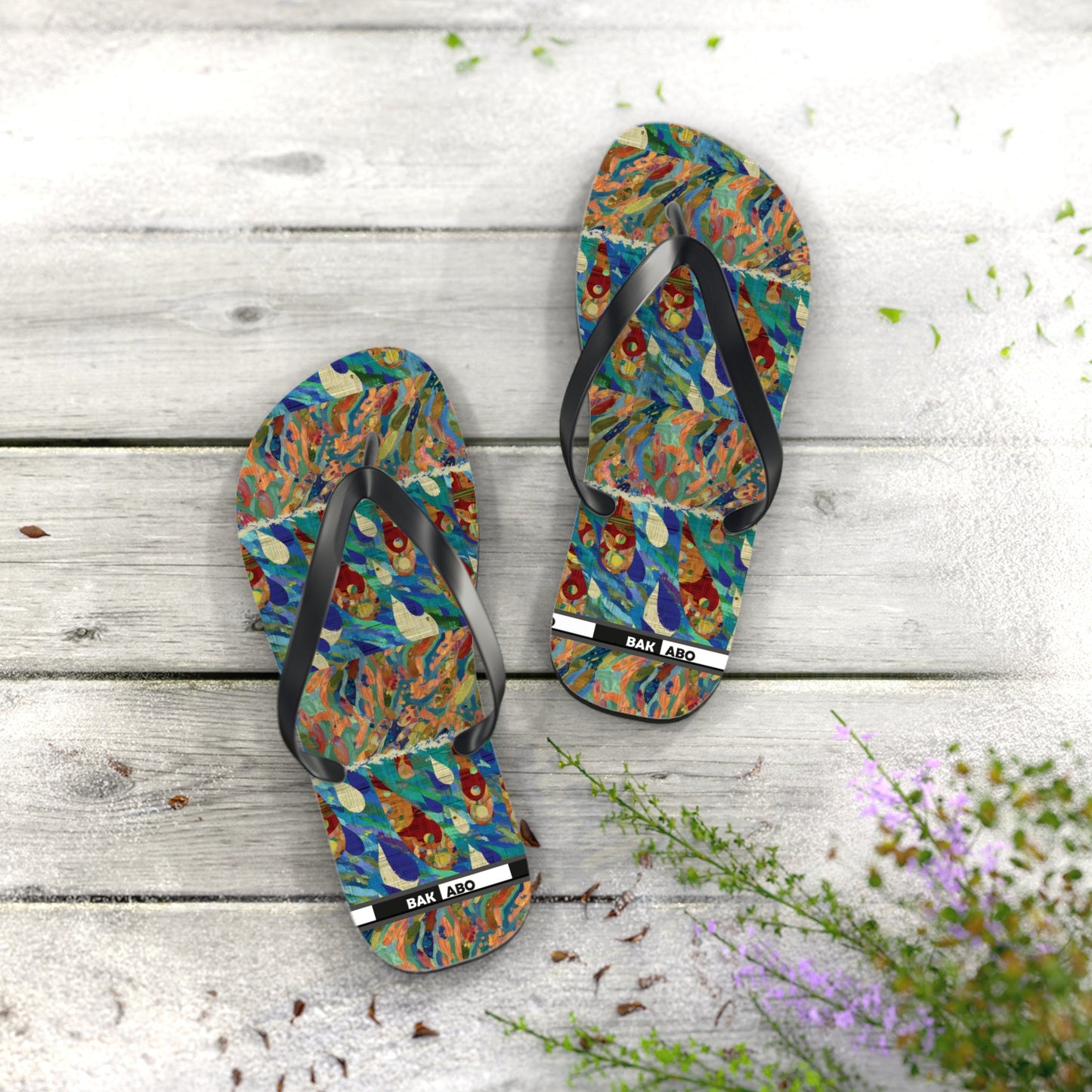 Tropical Abstract Flip Flops — Colorful Beach Sandal with Vibrant Wave Pattern Printify bakabo.club