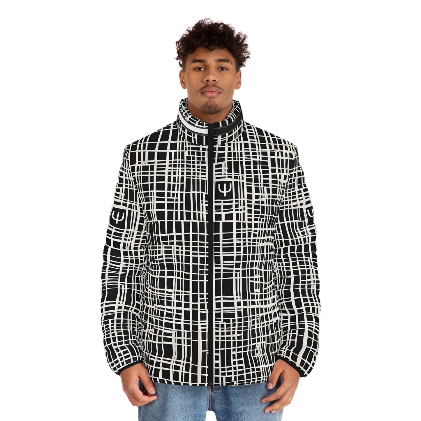 Men's Black & White Grid Puffer Jacket — Geometric All-Over Print Printify bakabo.club