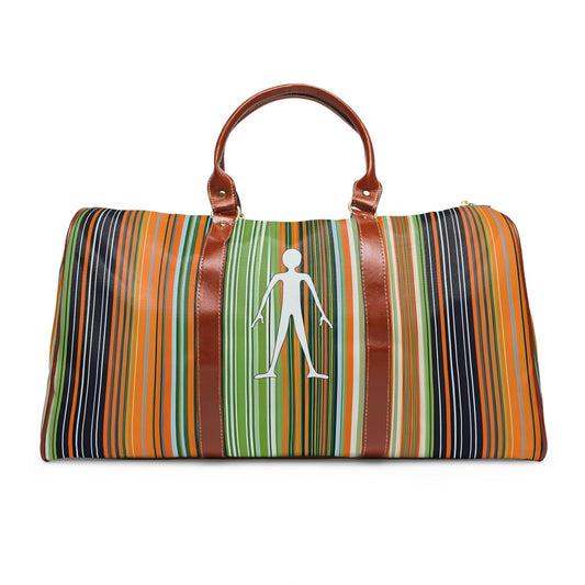Striped Waterproof Travel Bag — Colorful Weekend Duffel with Stick Figure Graphic Printify bakabo.club