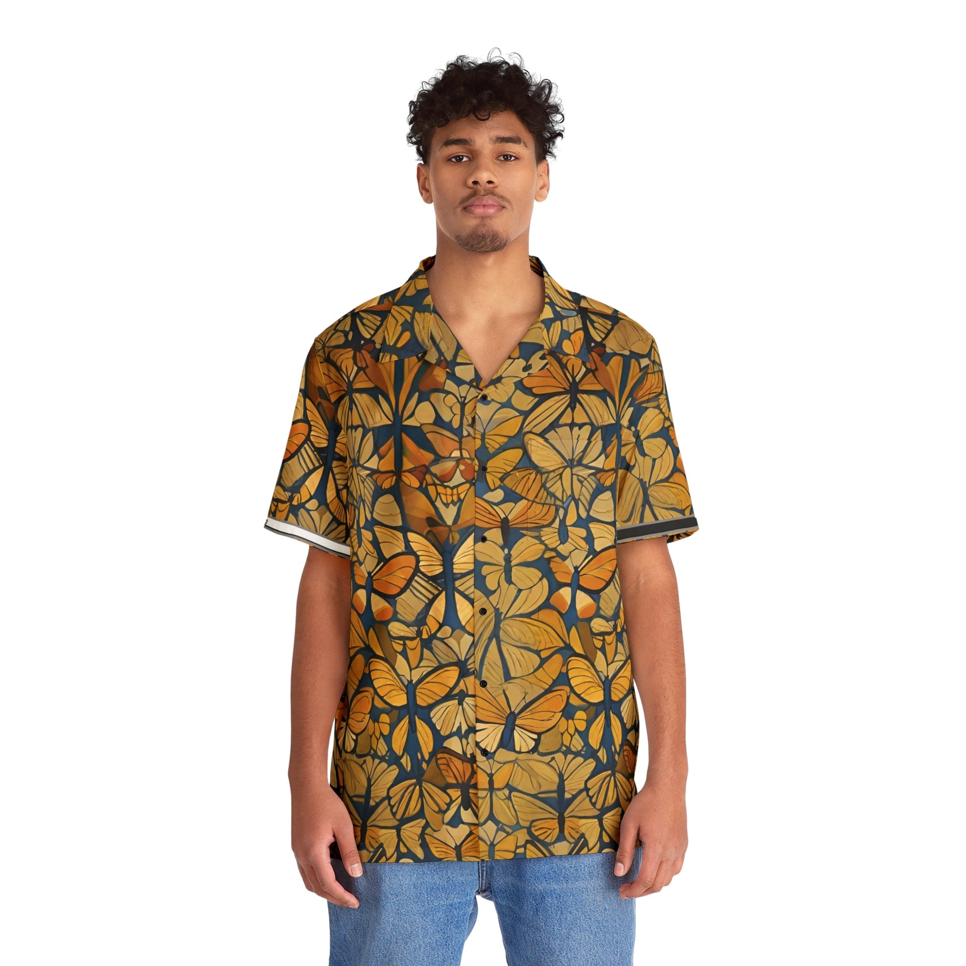 Butterfly Breeze Hawaiian Shirt — Golden Monarch Floral Camp Shirt Printify bakabo.club