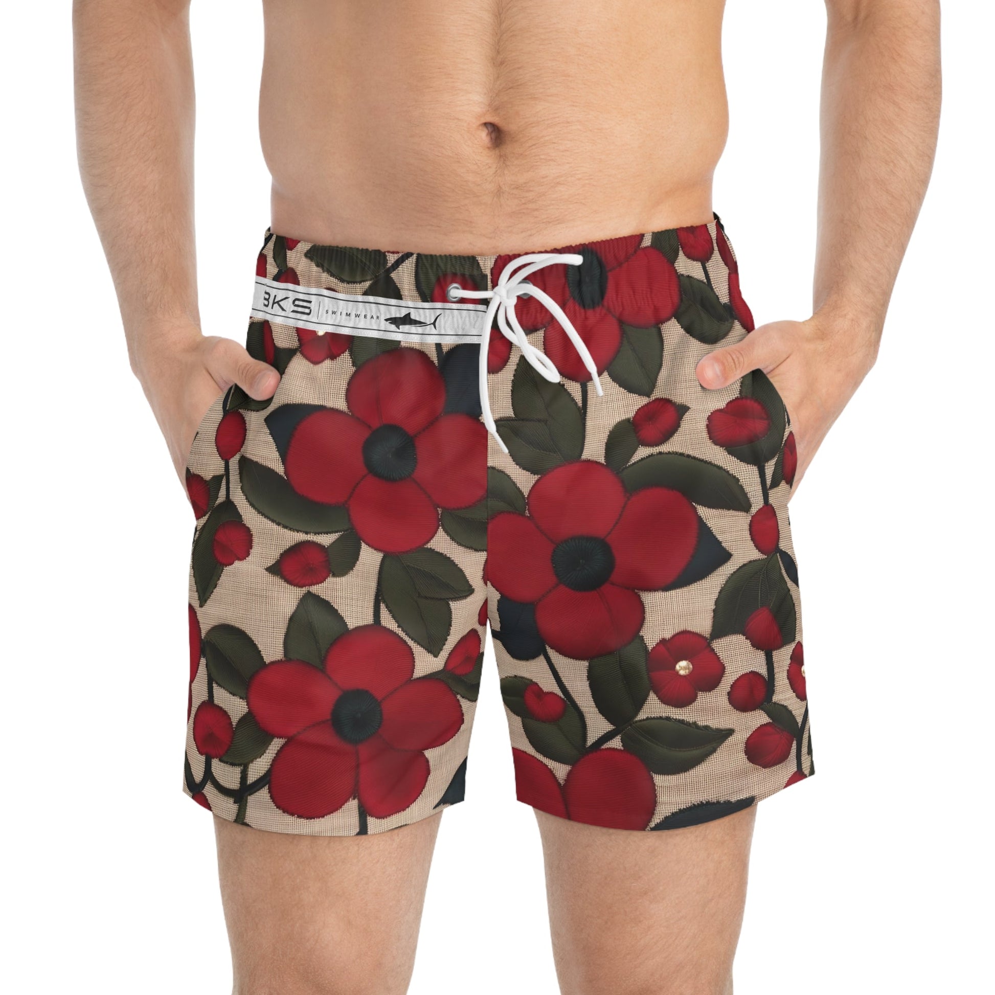 Men's Floral Swim Trunks — Red Vintage Poppy All-Over Print