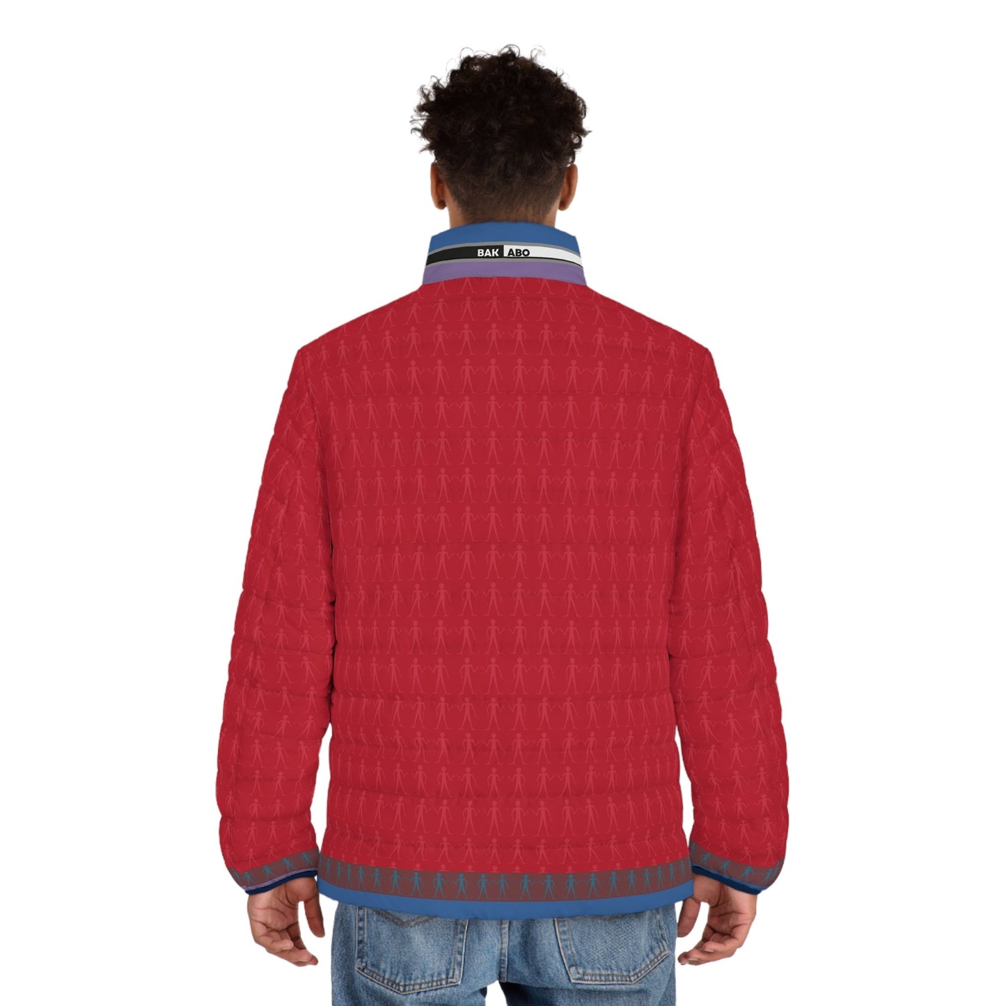 Puffer Jacket — Red Cityscape Graphic with Figure