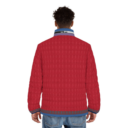 Puffer Jacket — Red Cityscape Graphic with Figure