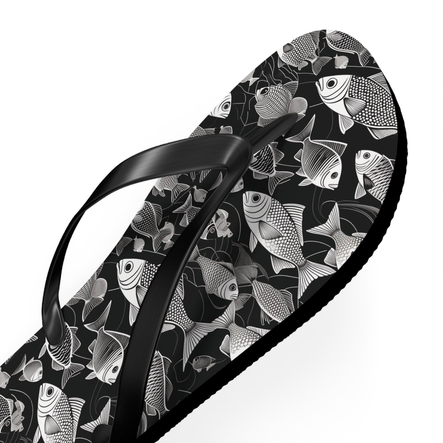 Tropical Fish Flip Flops — Black & White Beach Sandals with Fish Pattern Printify bakabo.club