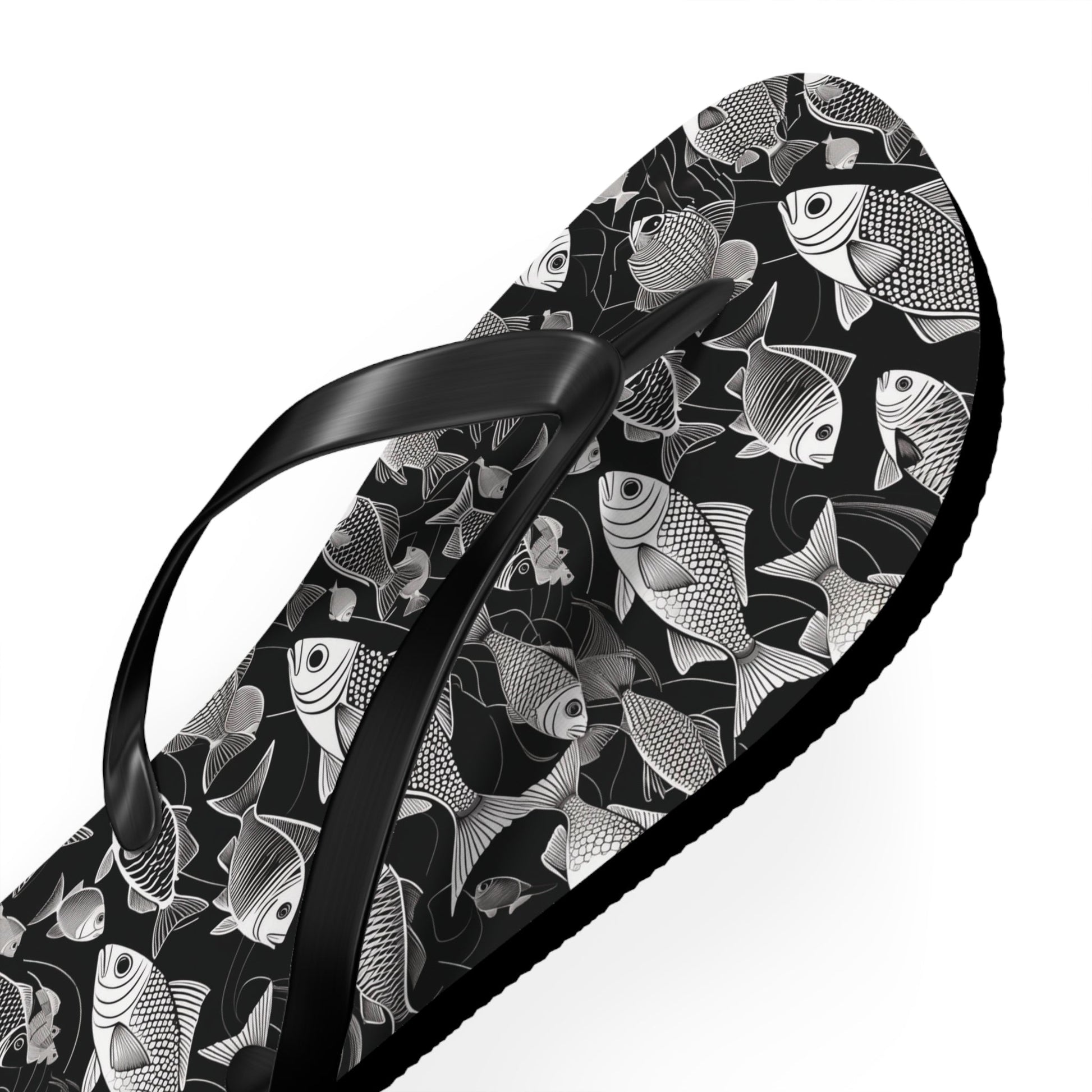 Tropical Fish Flip Flops — Black & White Beach Sandals with Fish Pattern Printify bakabo.club