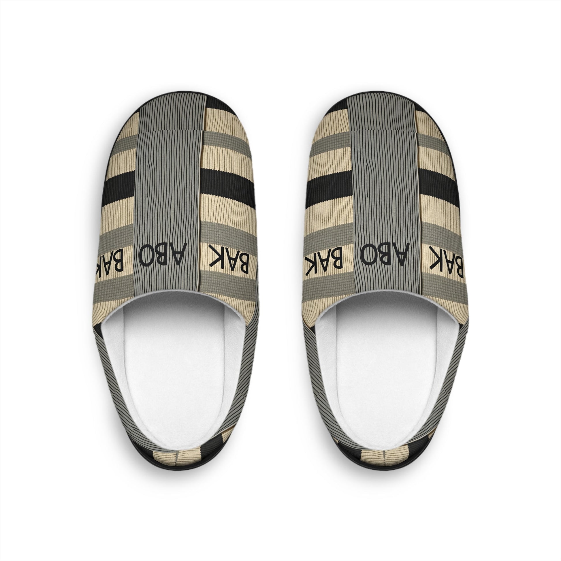 Striped Cozy Slippers — Neutral 'BAK ABO' Pattern Indoor Slides for Women BakAbo Studio BKS bakabo.club