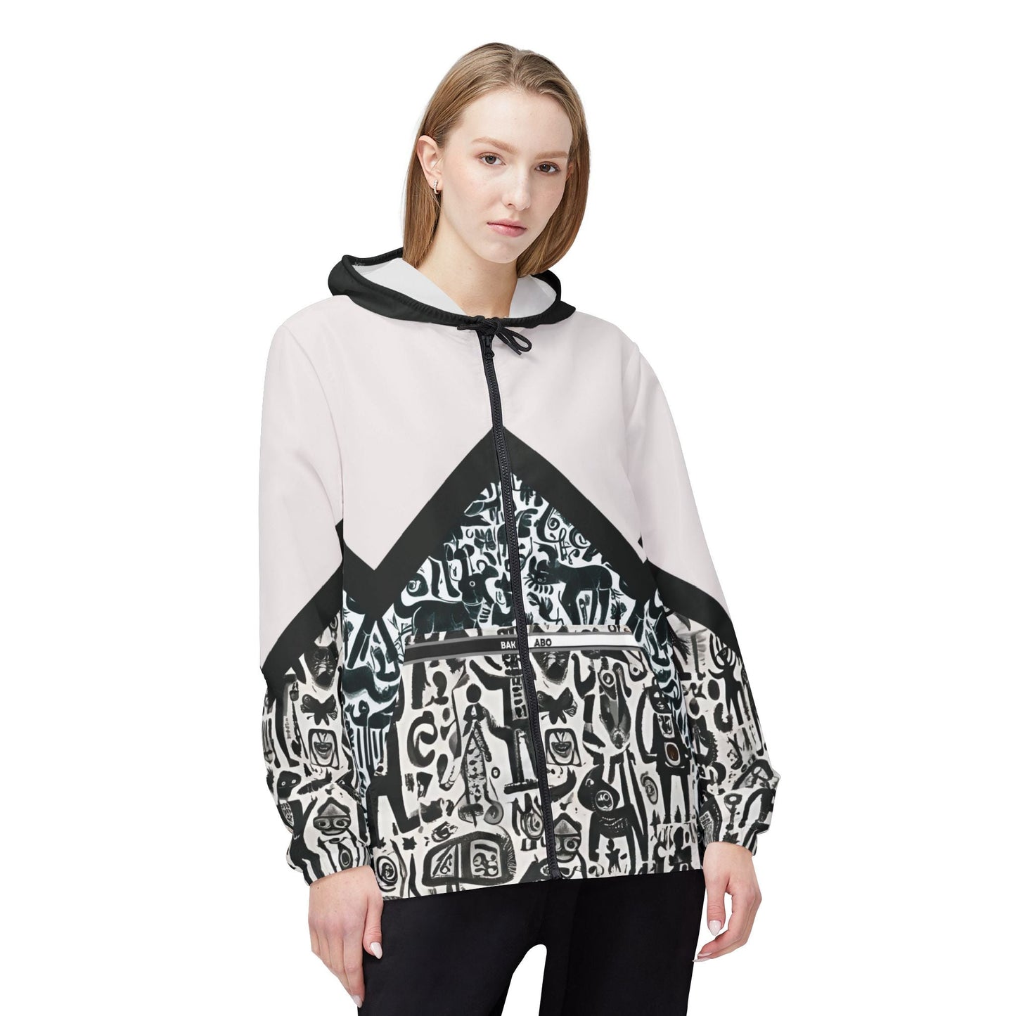 Monochrome Doodle Windbreaker Jacket – Abstract Tribal Pattern Printify bakabo.club