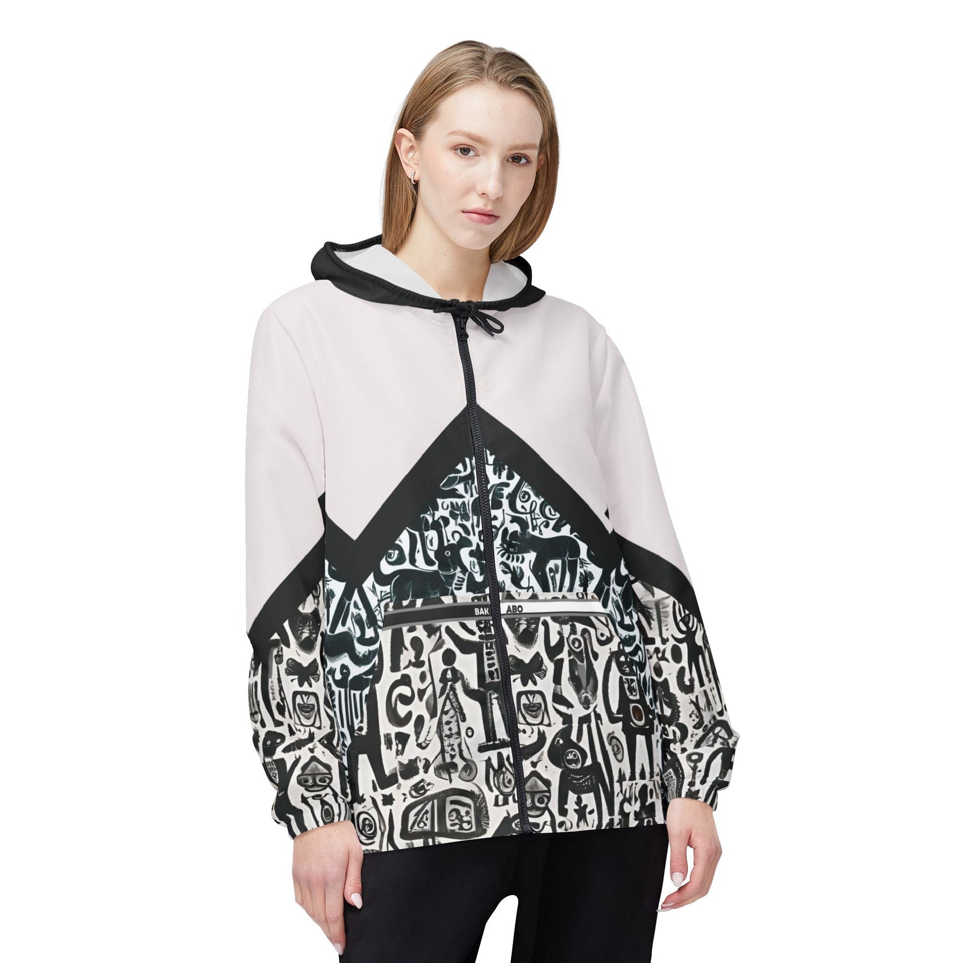 Monochrome Doodle Windbreaker Jacket – Abstract Tribal Pattern Printify bakabo.club