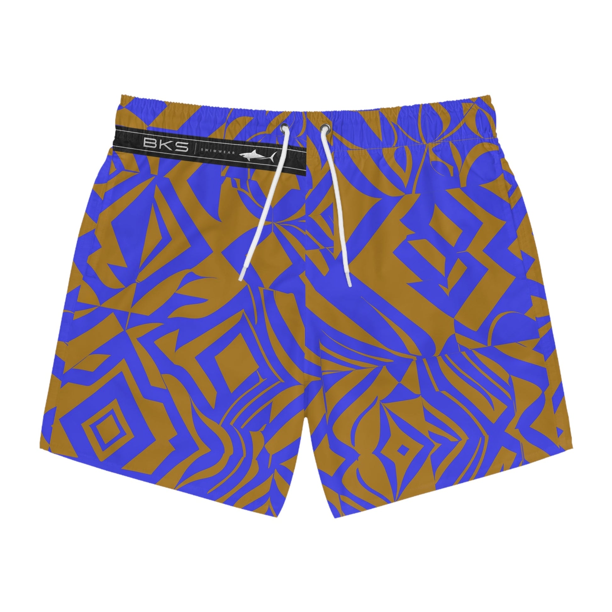 Geometric Wave Swim Trunks — Blue & Gold All-Over Print Printify bakabo.club