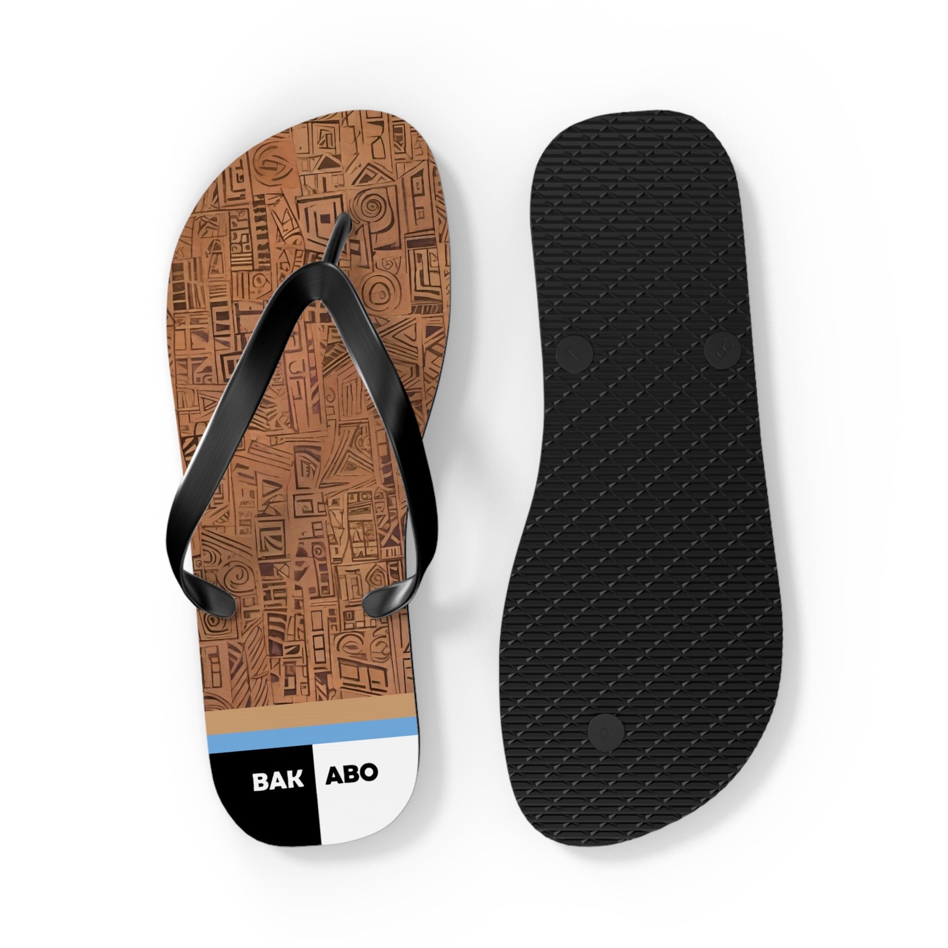 Tribal Carved Wood Pattern Flip Flops – Beach Sandals with Geometric Tiki Design Printify bakabo.club