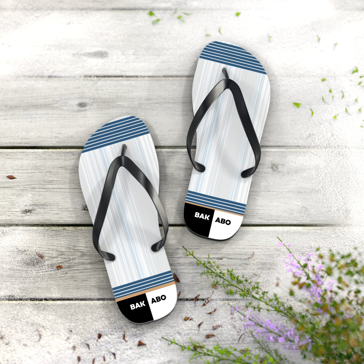 Striped Blue & White Flip Flops — Casual Beach Sandals with BAK ABO Accent Printify bakabo.club