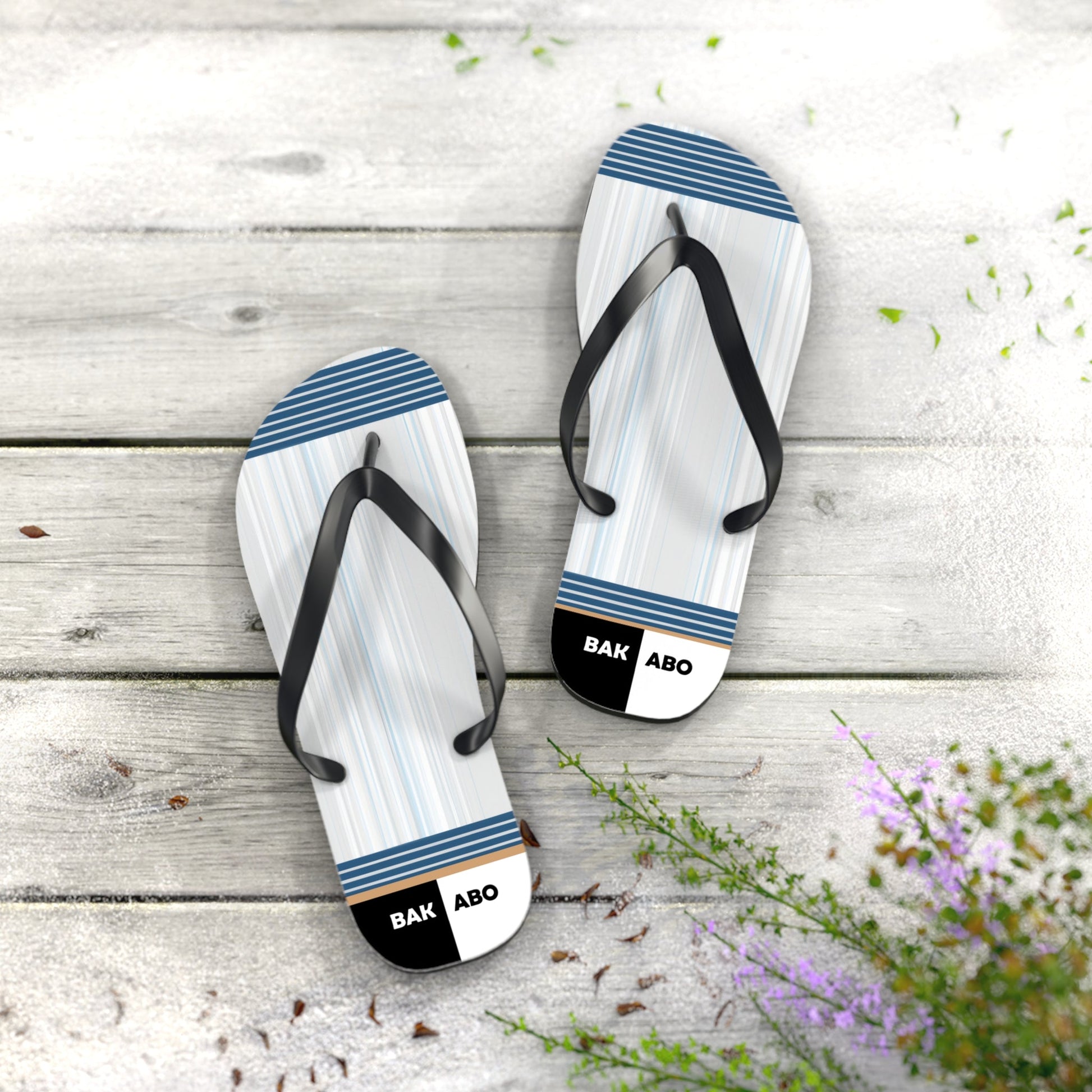 Striped Blue & White Flip Flops — Casual Beach Sandals with BAK ABO Accent Printify bakabo.club