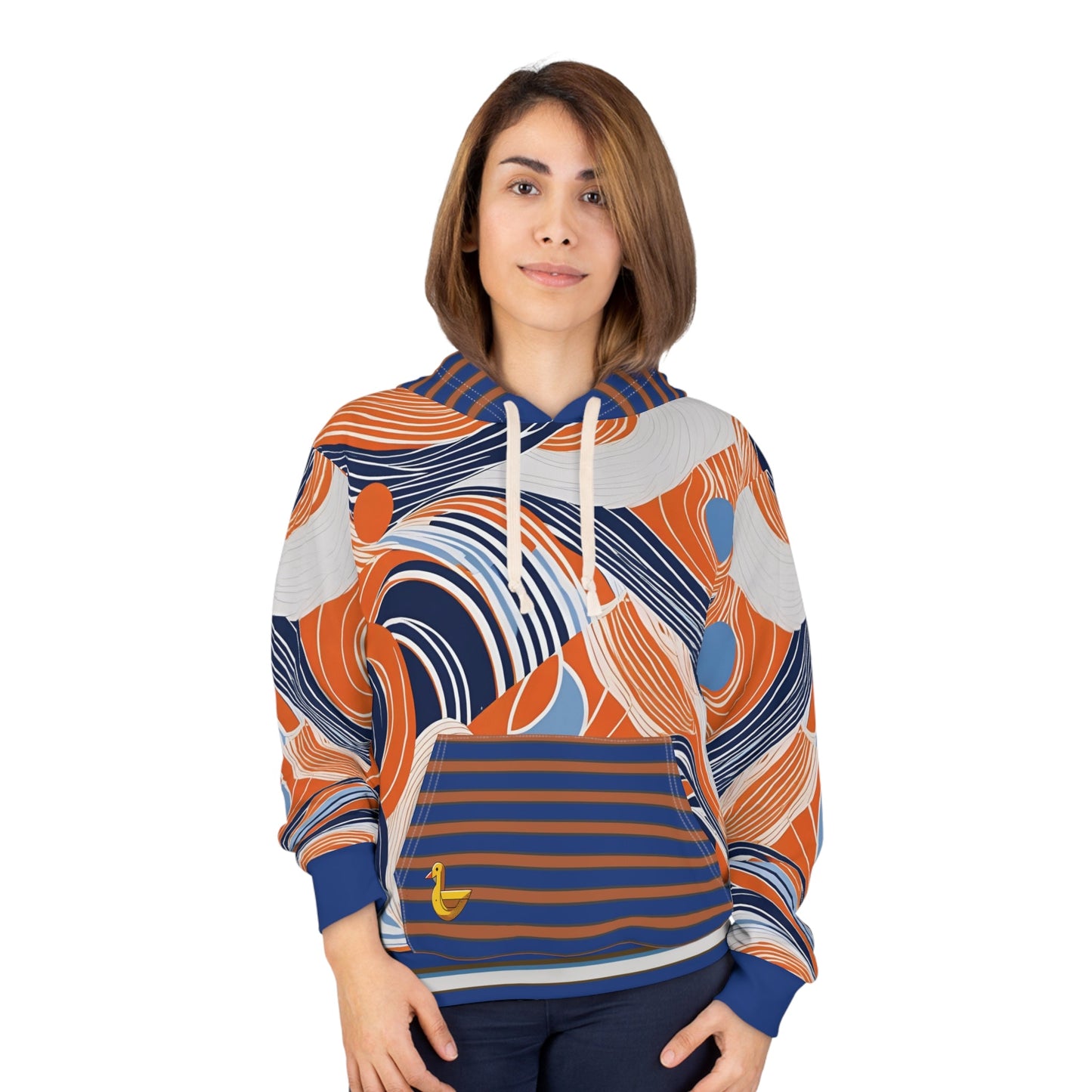 Abstract Wave Pattern Hoodie — Orange & Navy All-Over Print Pullover Printify bakabo.club