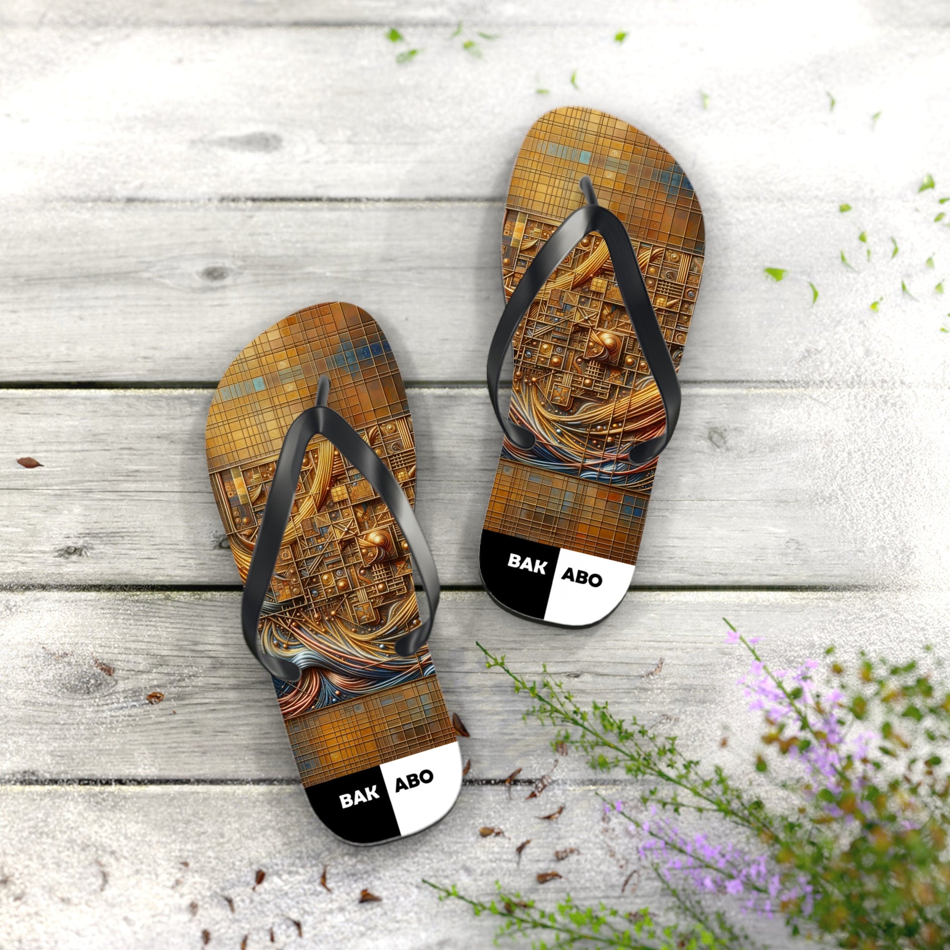 Abstract Mosaic Flip Flops — Golden Geometric Beach Sandals Printify bakabo.club