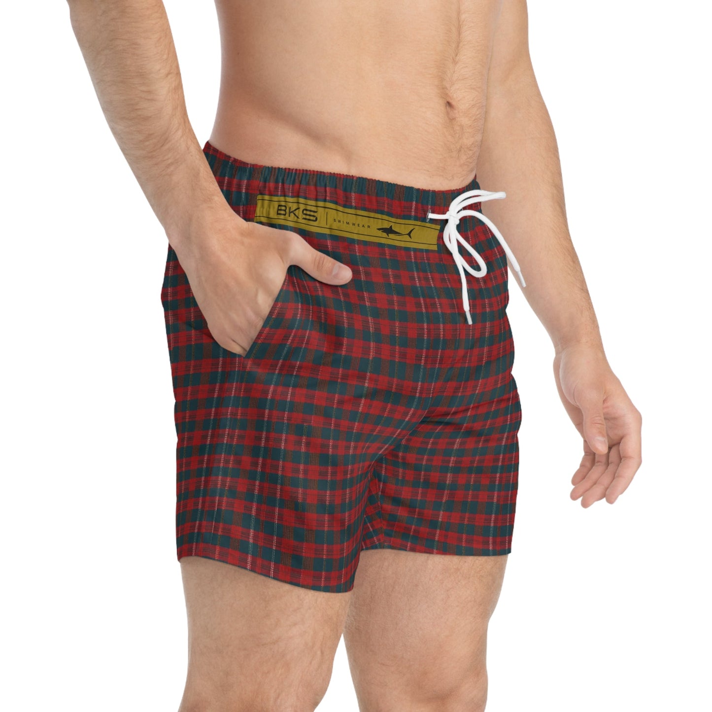 Red Green Tartan Plaid Swim Trunks — Classic Holiday Plaid Beach Shorts Printify bakabo.club