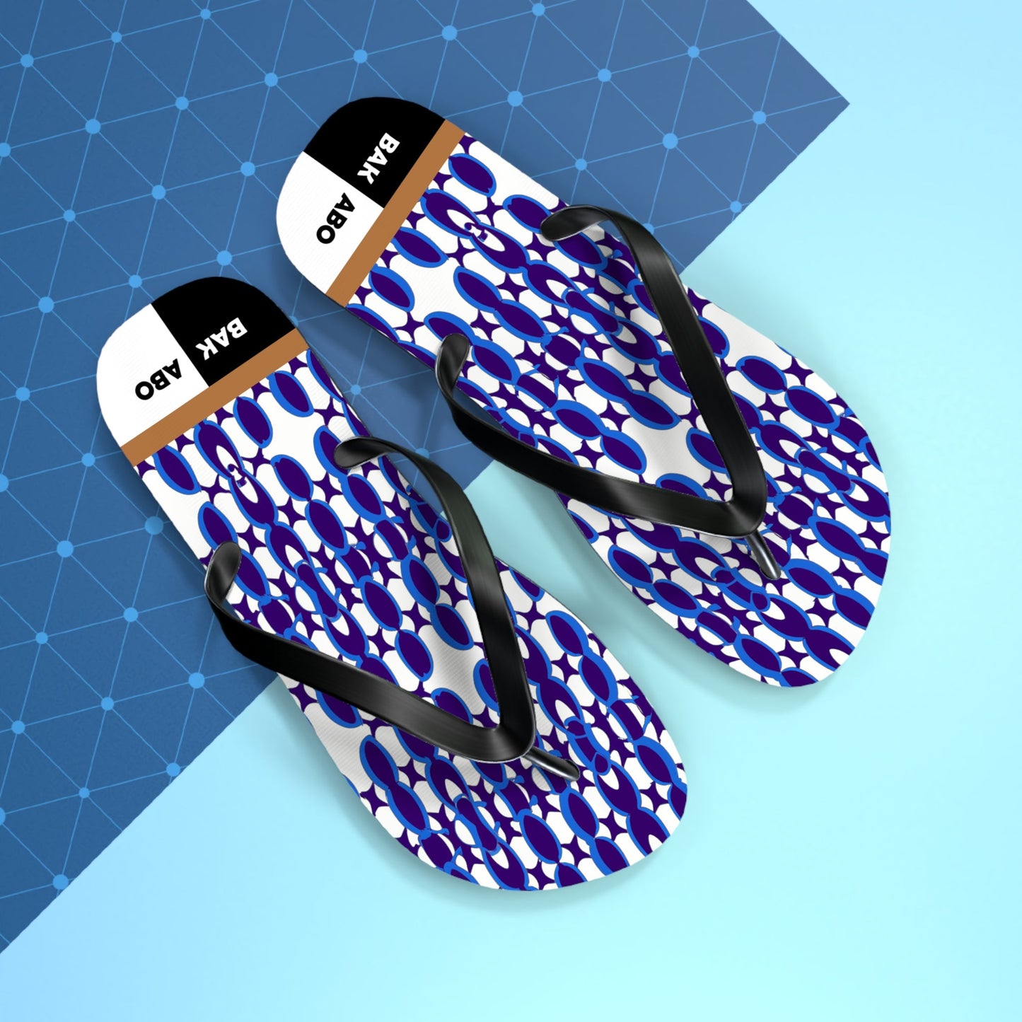 Geometric Blue Pattern Flip Flops — Bold Navy Mosaic Beach Sandals Printify bakabo.club