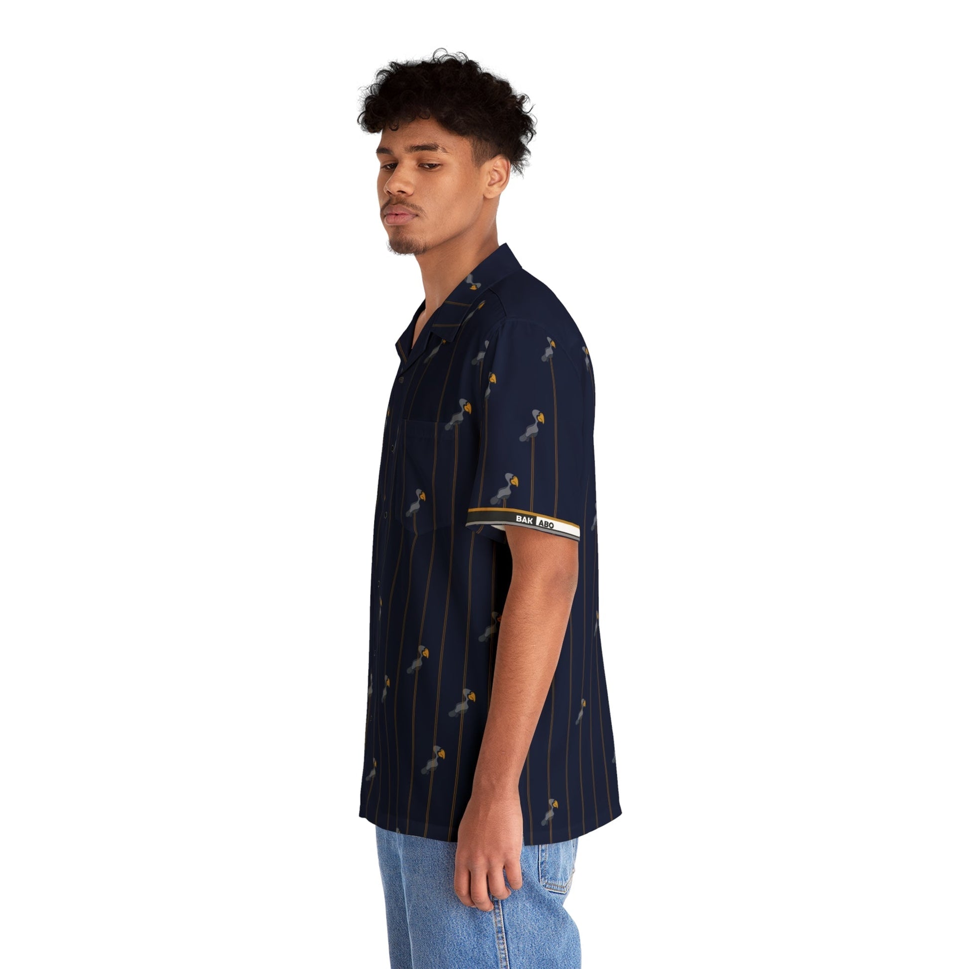Navy Palm Stripe Hawaiian Shirt — Tropical Retro Aloha Button-Up