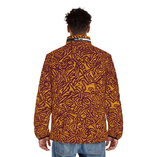 Puffer Jacket — Abstract Red & Gold All-Over Print