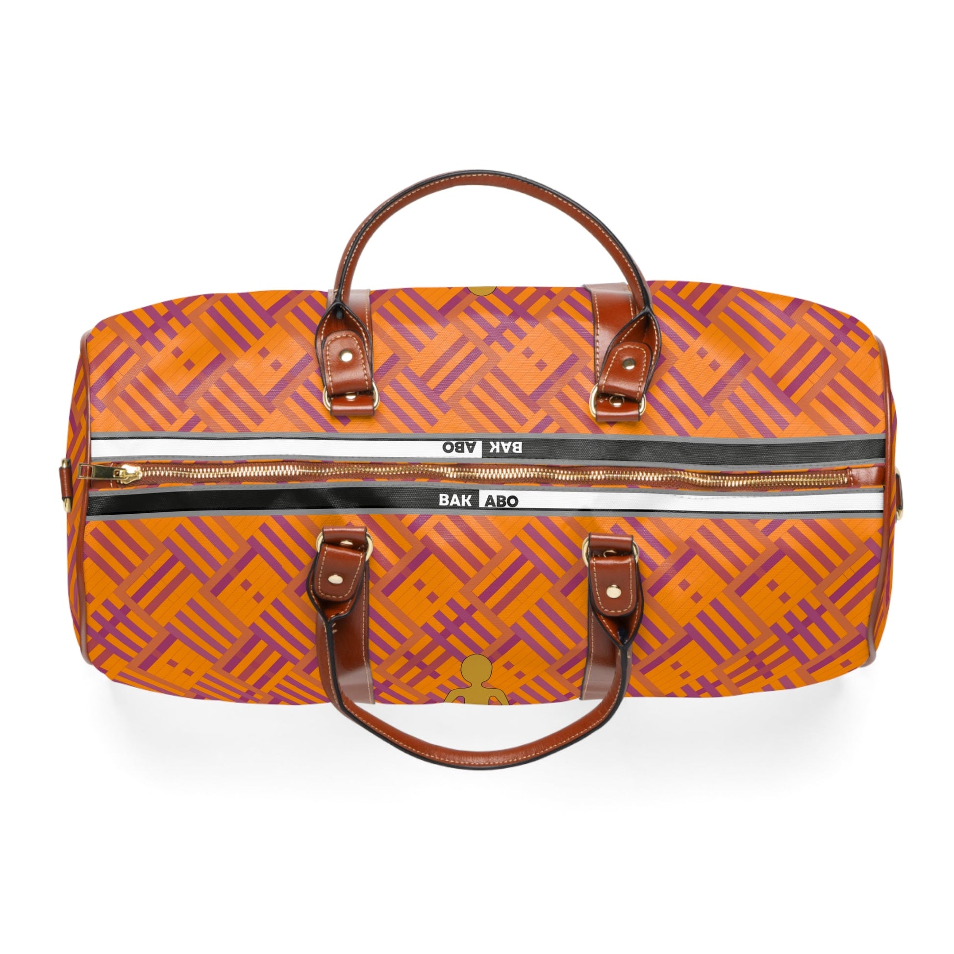 Waterproof Travel Bag - Orange Geometric Duffle with Gold Stick Figure Accent Printify bakabo.club