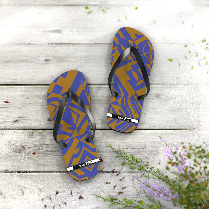 Abstract Blue & Gold Flip Flops — Tropical Geometric Beach Sandals Printify bakabo.club