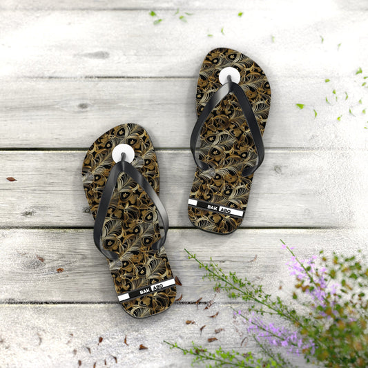 Peacock Feather Pattern Flip Flops — Tropical Beach Sandals with Elegant Feather Design Printify bakabo.club