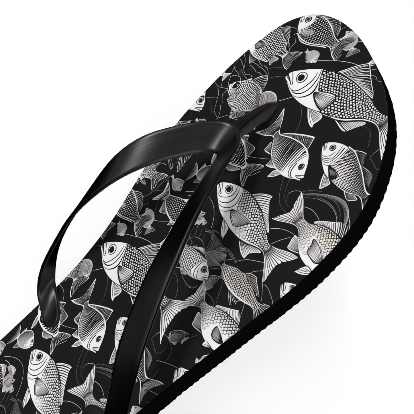 Tropical Fish Flip Flops — Black & White Beach Sandals with Fish Pattern Printify bakabo.club