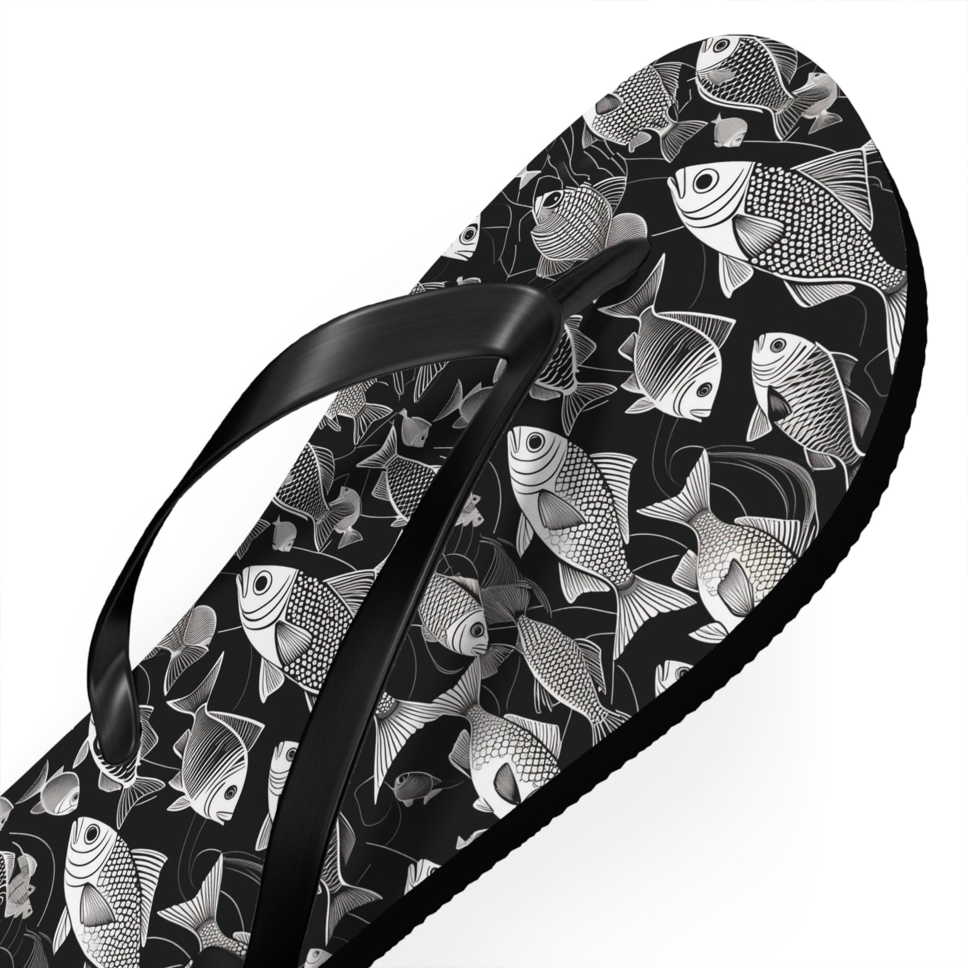 Tropical Fish Flip Flops — Black & White Beach Sandals with Fish Pattern Printify bakabo.club