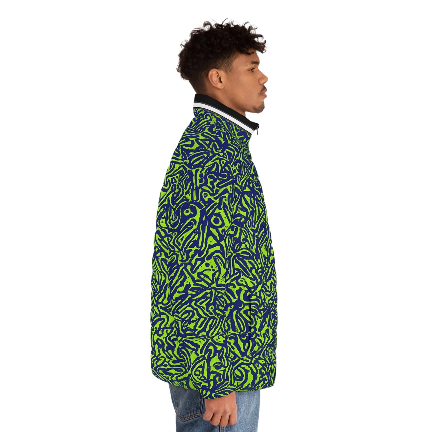 Men's Neon Abstract Puffer Jacket — Green & Navy All-Over Print Printify bakabo.club