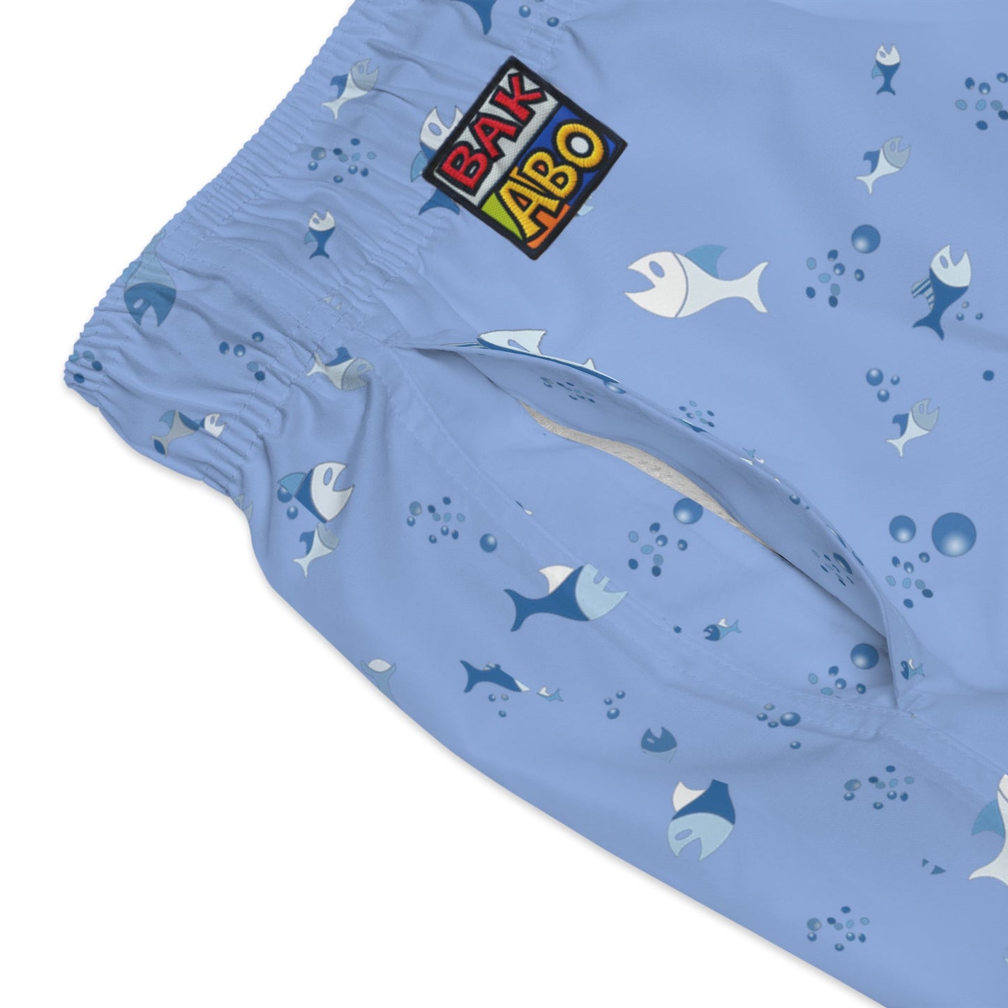 Shark & Fish Pattern Swim Trunks — Light Blue Beach Shorts Printify bakabo.club
