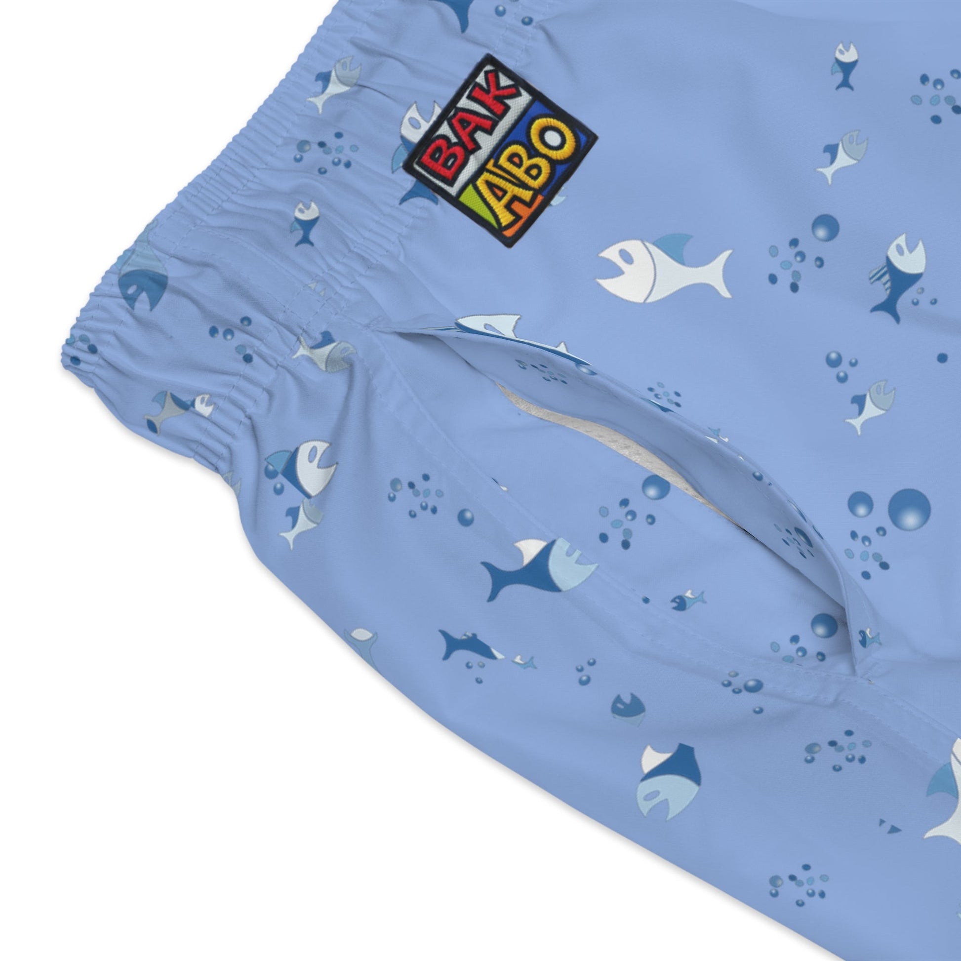 Shark & Fish Pattern Swim Trunks — Light Blue Beach Shorts Printify bakabo.club