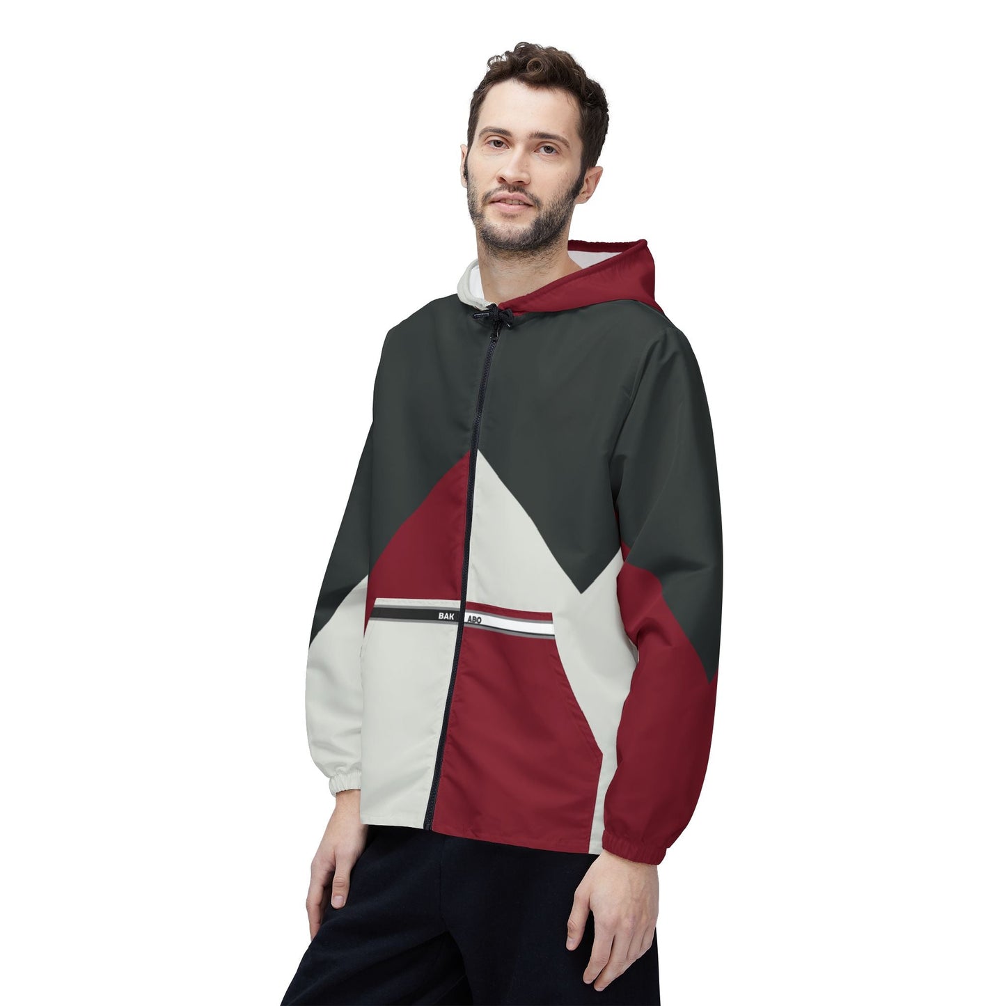 Colorblock Chevron Windbreaker Jacket — Red, Charcoal & White Hooded Jacket Printify bakabo.club