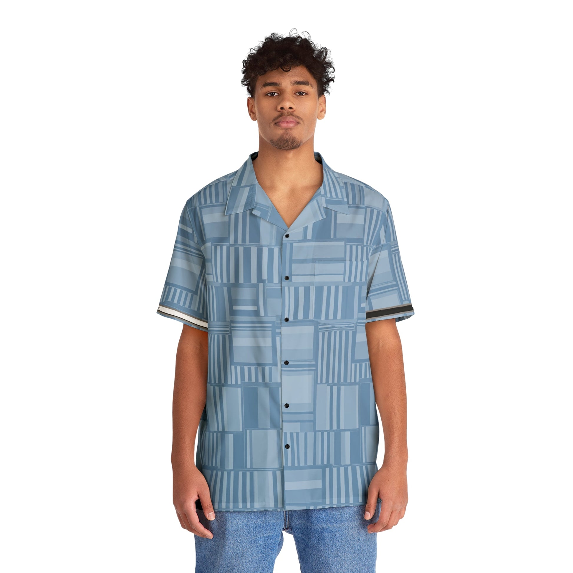 Men's Blue Geo Patchwork Hawaiian Shirt — Lightweight Vacation Camp Collar Printify bakabo.club