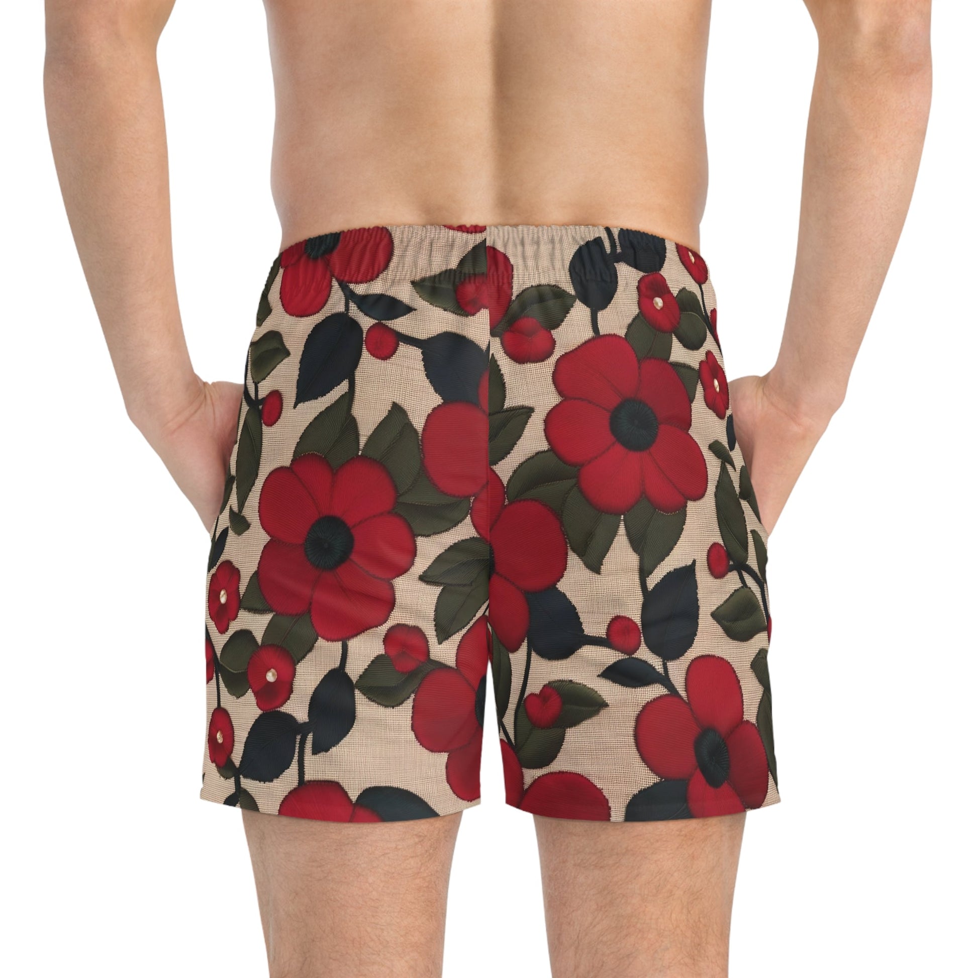 Men's Floral Swim Trunks — Red Vintage Poppy All-Over Print