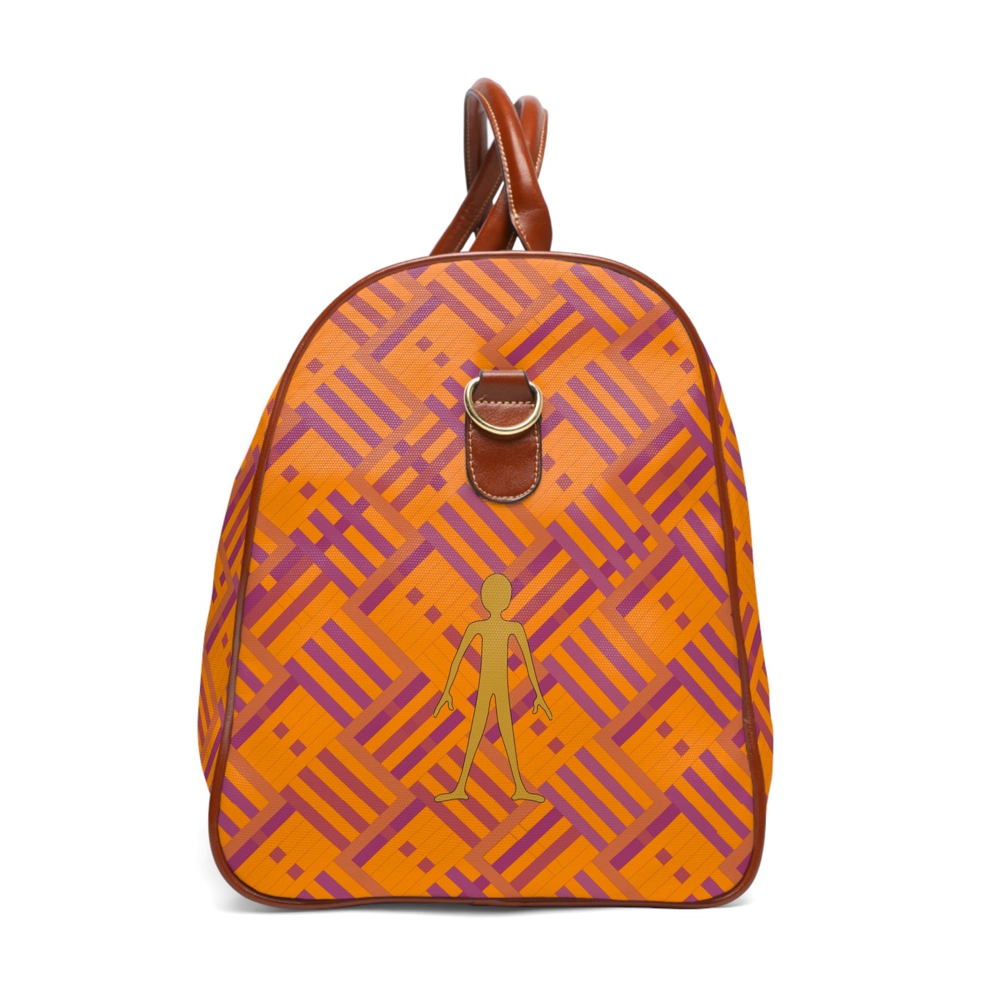 Waterproof Travel Bag - Orange Geometric Duffle with Gold Stick Figure Accent Printify bakabo.club