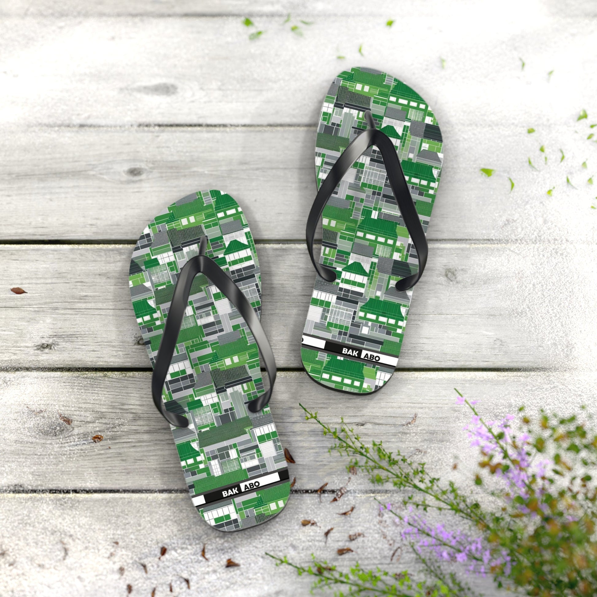 Green Geometric Flip Flops — Modern Pixelated Pattern Beach Sandals Printify bakabo.club