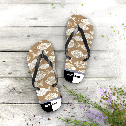 Beach Fish Pattern Flip Flops — Neutral Tan Nautical Sandals Printify bakabo.club