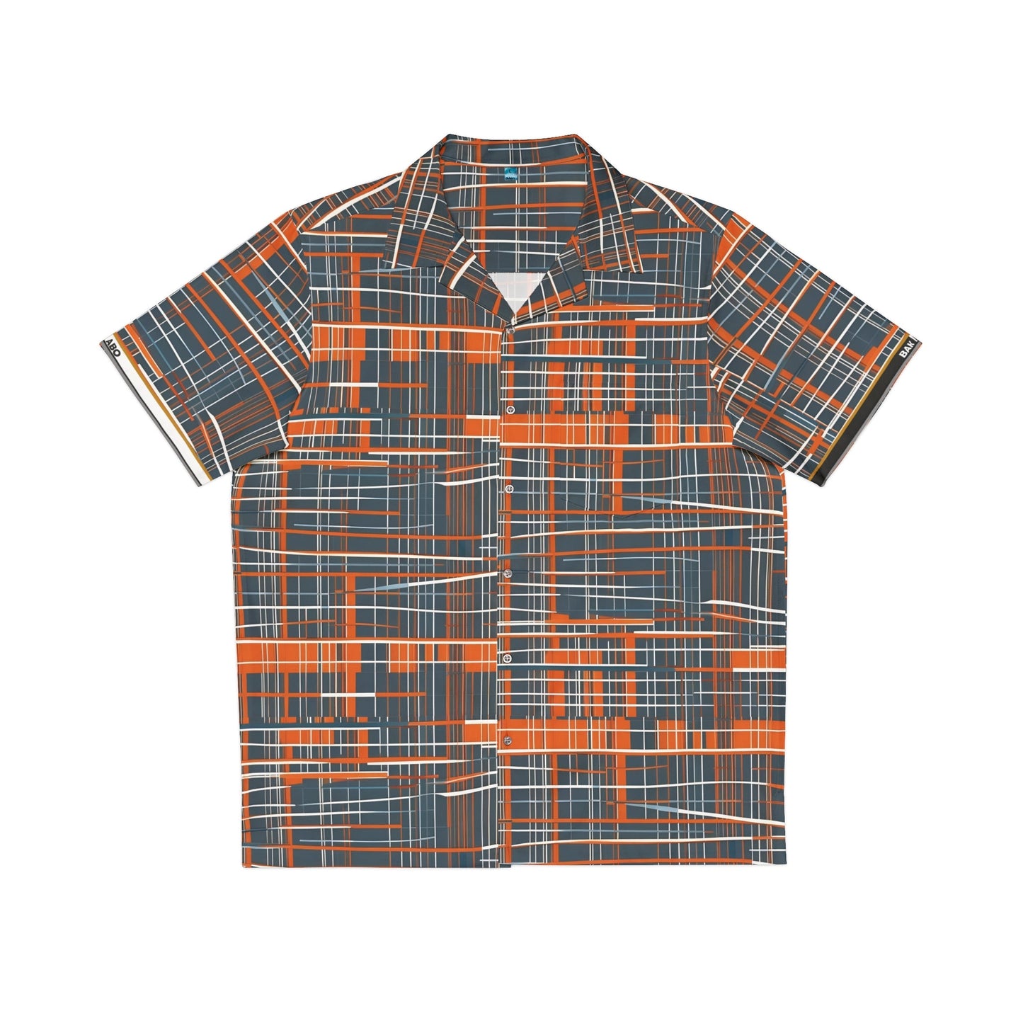 Retro Grid Plaid Hawaiian Shirt — Men's Vintage Orange & Slate AOP Camp Collar Printify bakabo.club