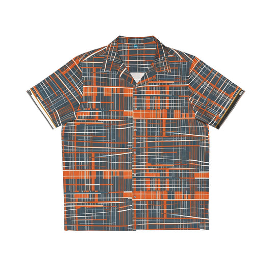 Retro Grid Plaid Hawaiian Shirt — Men's Vintage Orange & Slate AOP Camp Collar Printify bakabo.club