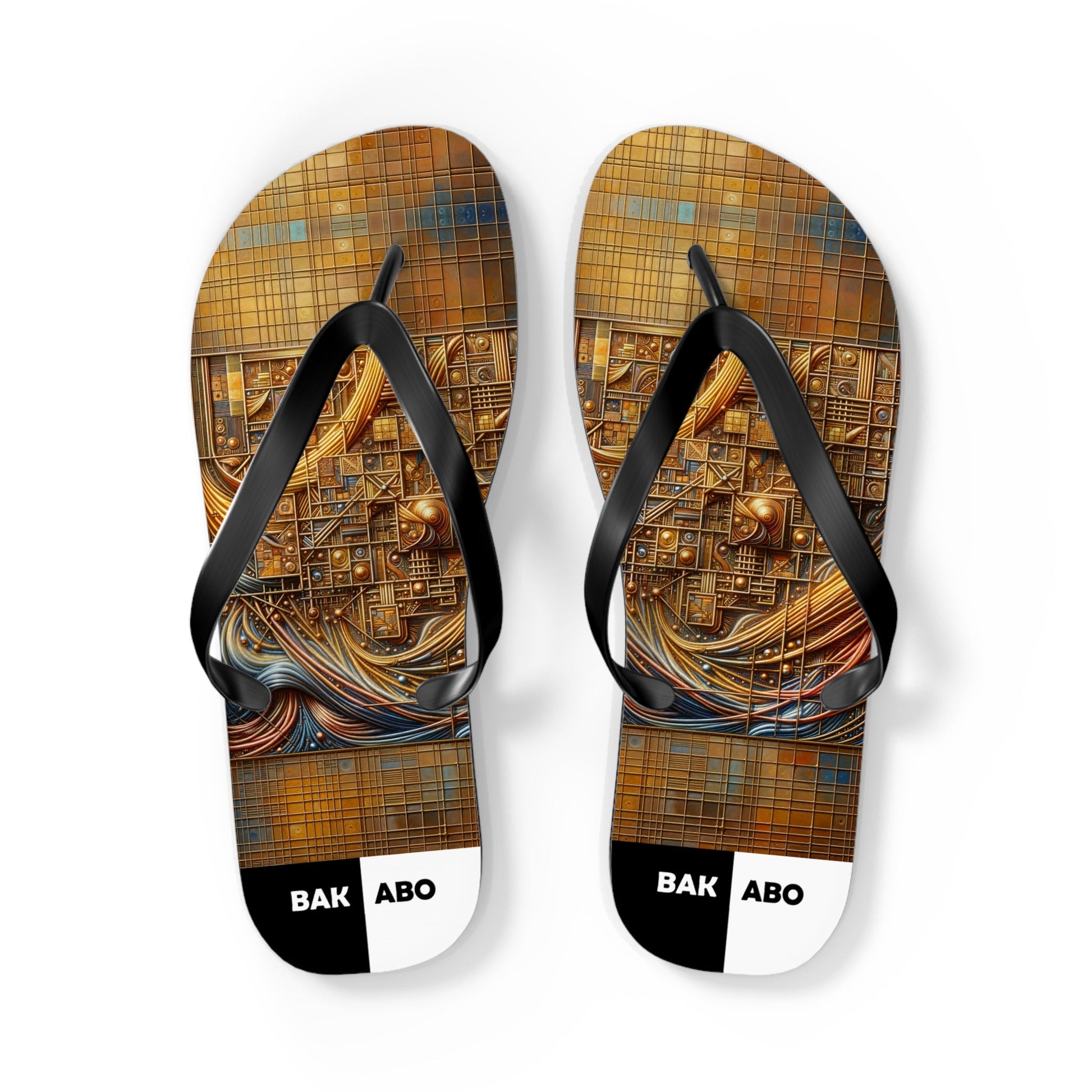 Abstract Mosaic Flip Flops — Golden Geometric Beach Sandals Printify bakabo.club