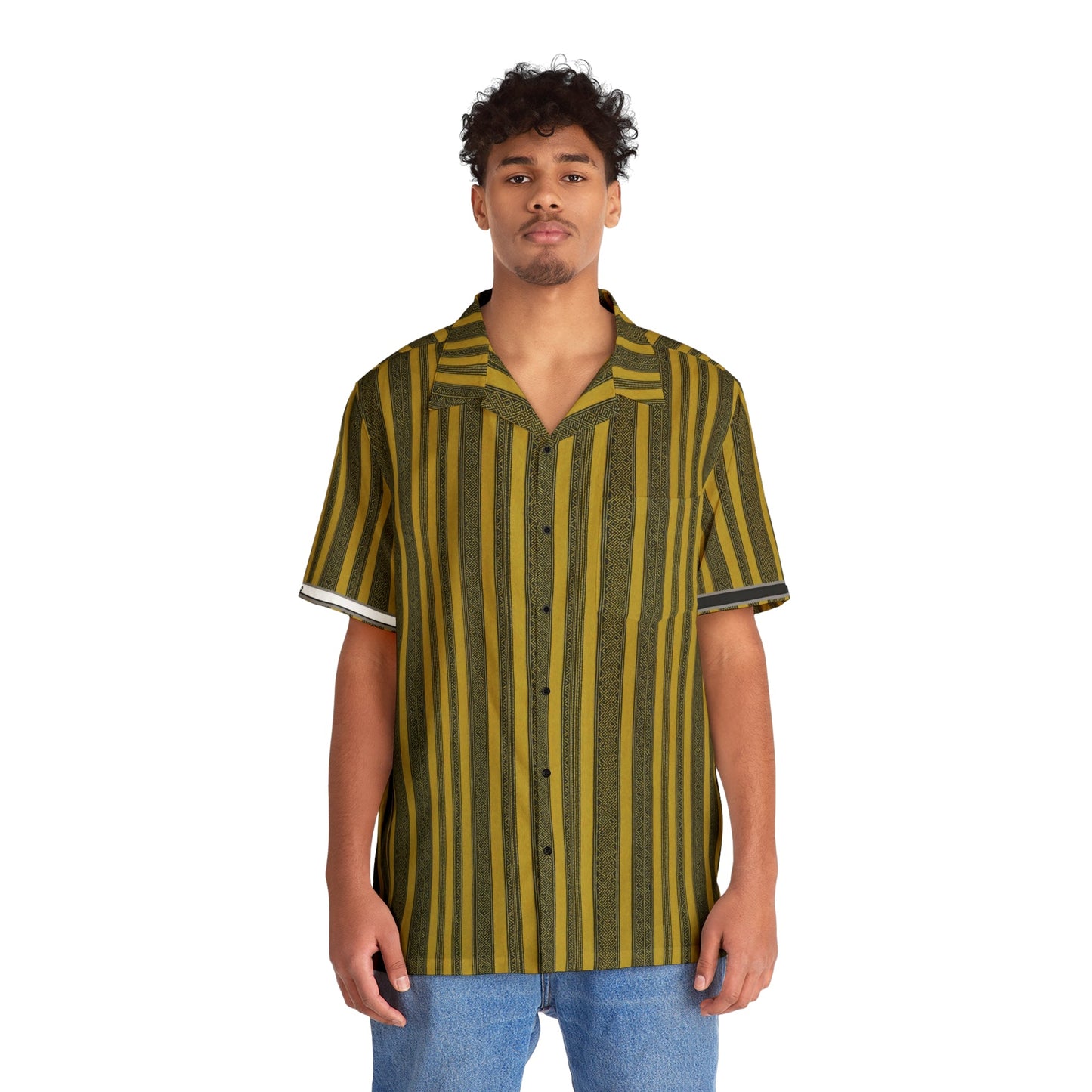 Men's Striped Hawaiian Shirt — Retro Olive & Gold AOP Camp Collar Printify bakabo.club