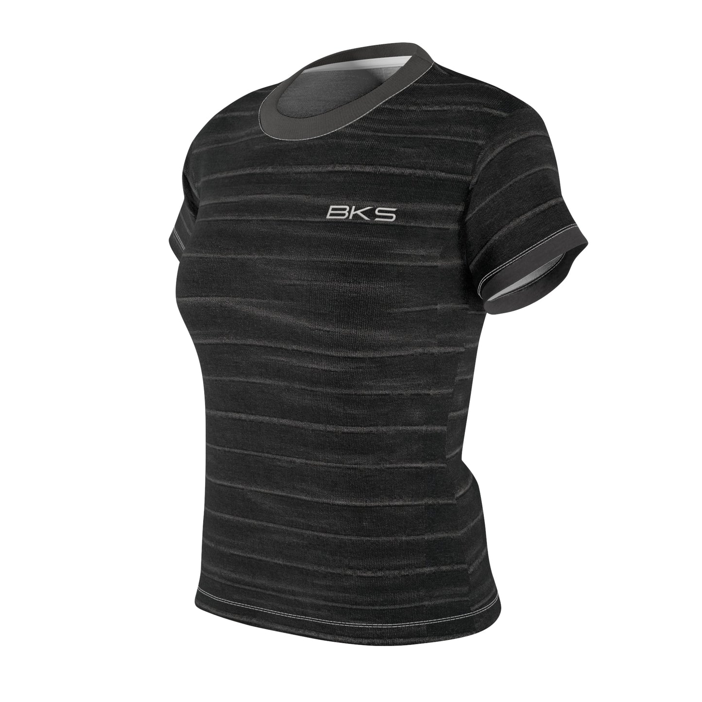 Women’s Black Washed Stripe Tee — ‘BKS’ Minimal Logo Printify bakabo.club
