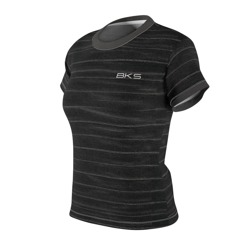 Women’s Black Washed Stripe Tee — ‘BKS’ Minimal Logo