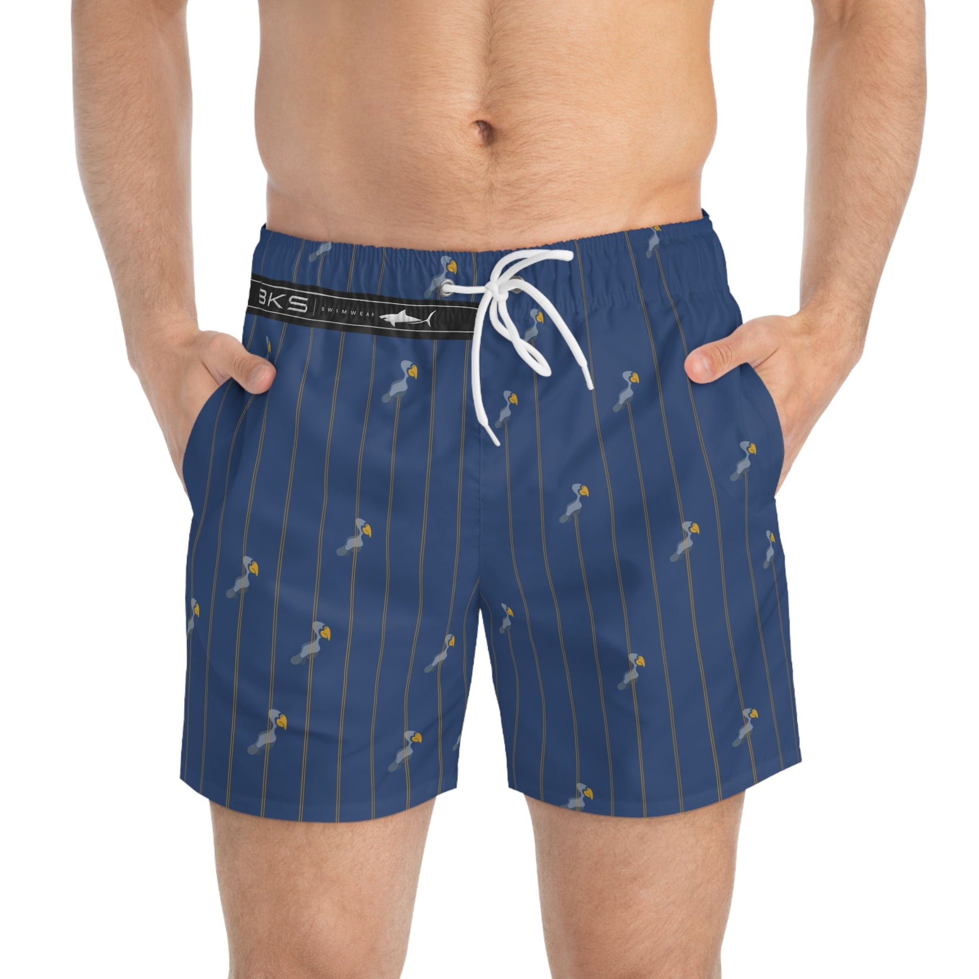 Bird Pinstripe Swim Trunks — Blue All-Over-Print Beach Shorts Printify bakabo.club
