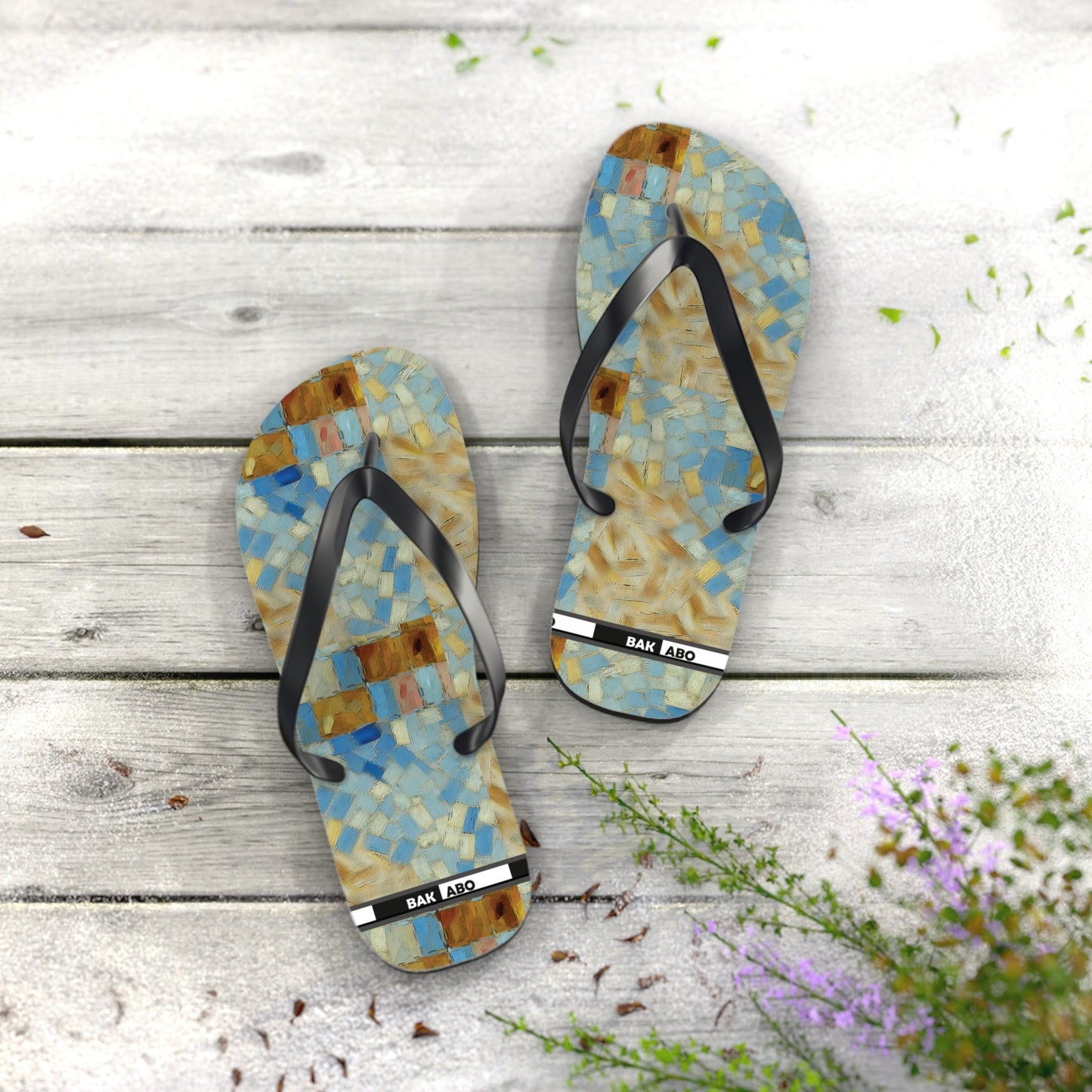 Mosaic Tile Flip Flops — Blue & Sand Beach Sandals Printify bakabo.club