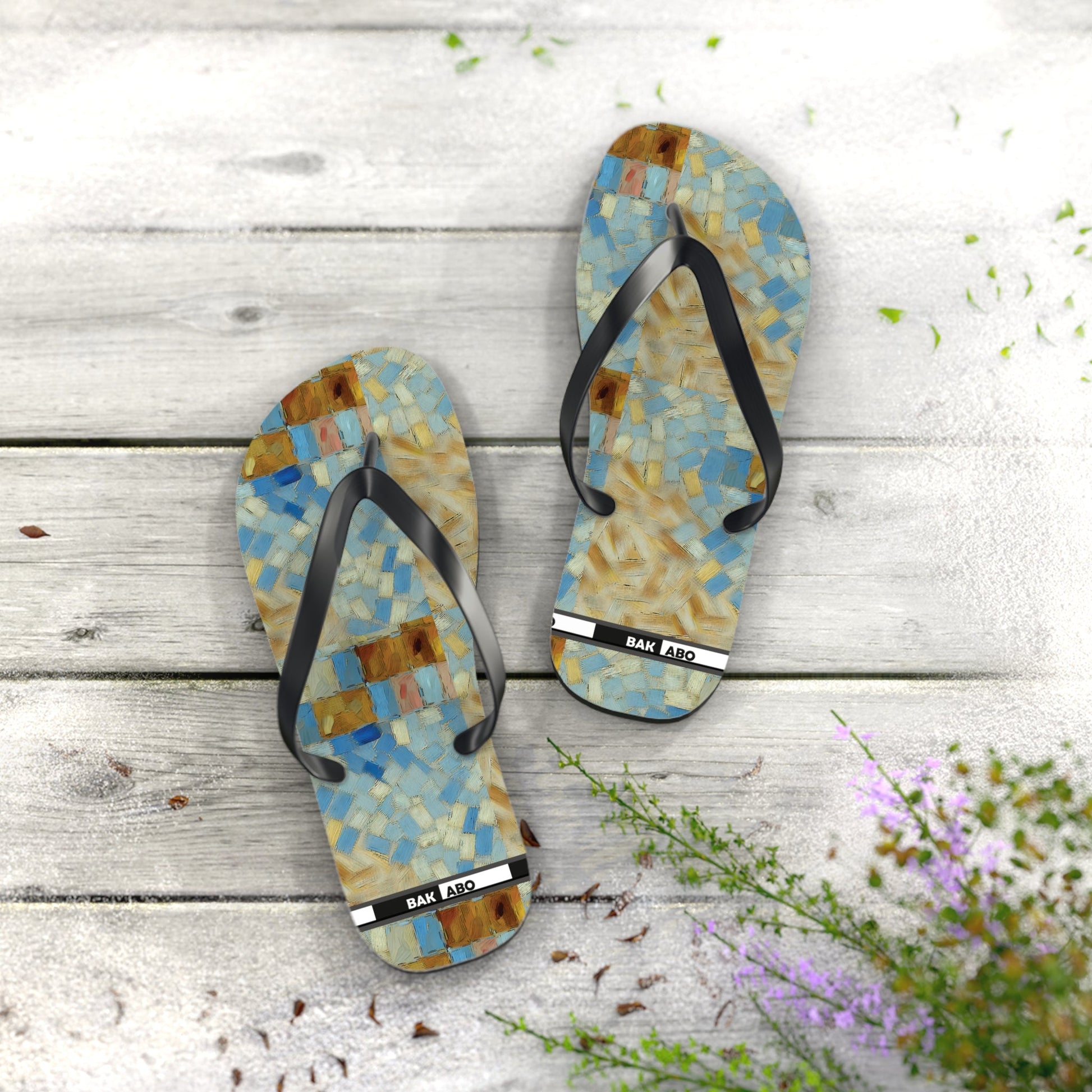 Mosaic Tile Flip Flops — Blue & Sand Beach Sandals Printify bakabo.club