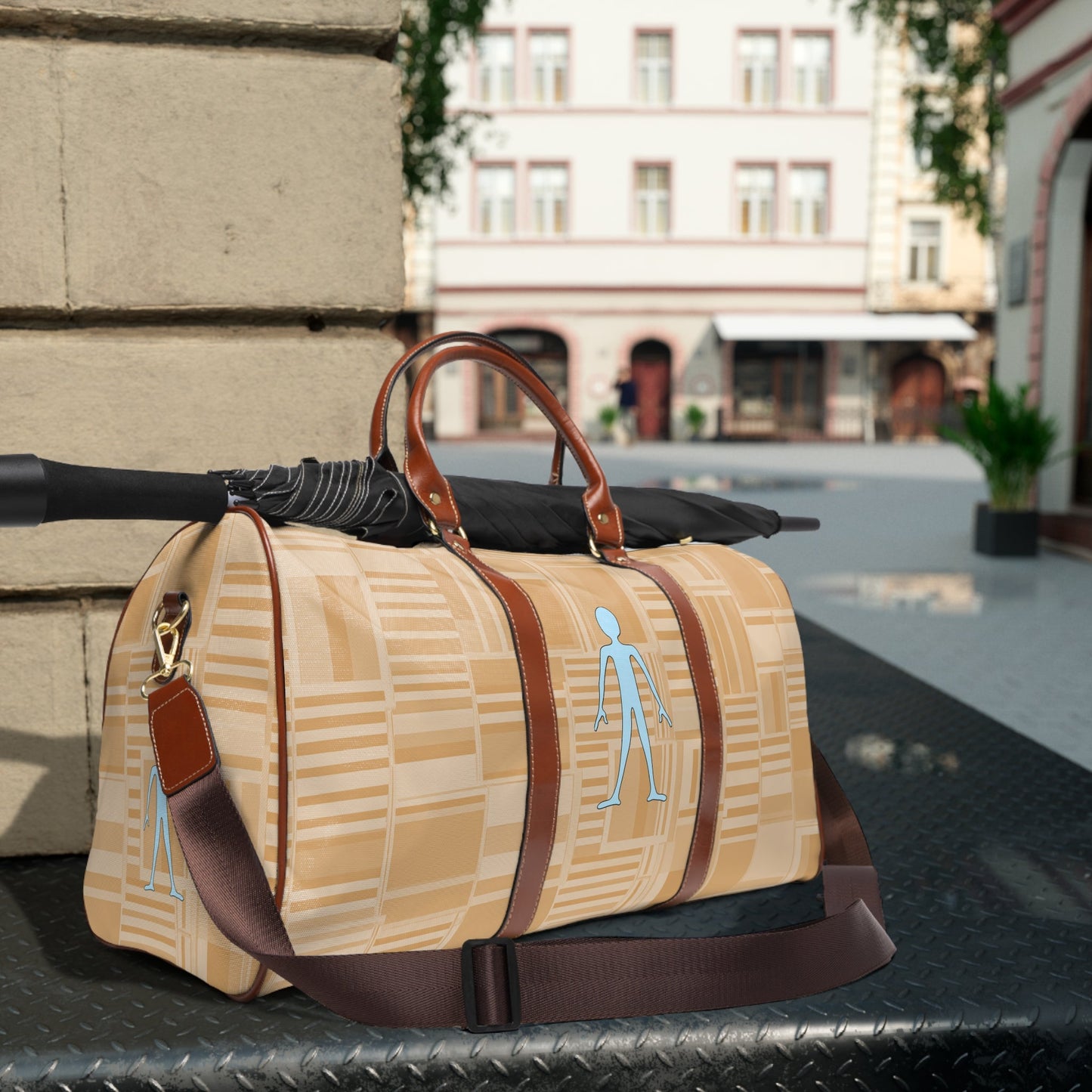 Waterproof Travel Bag — Beige Geometric Weekender with Blue Stick Figure Printify bakabo.club
