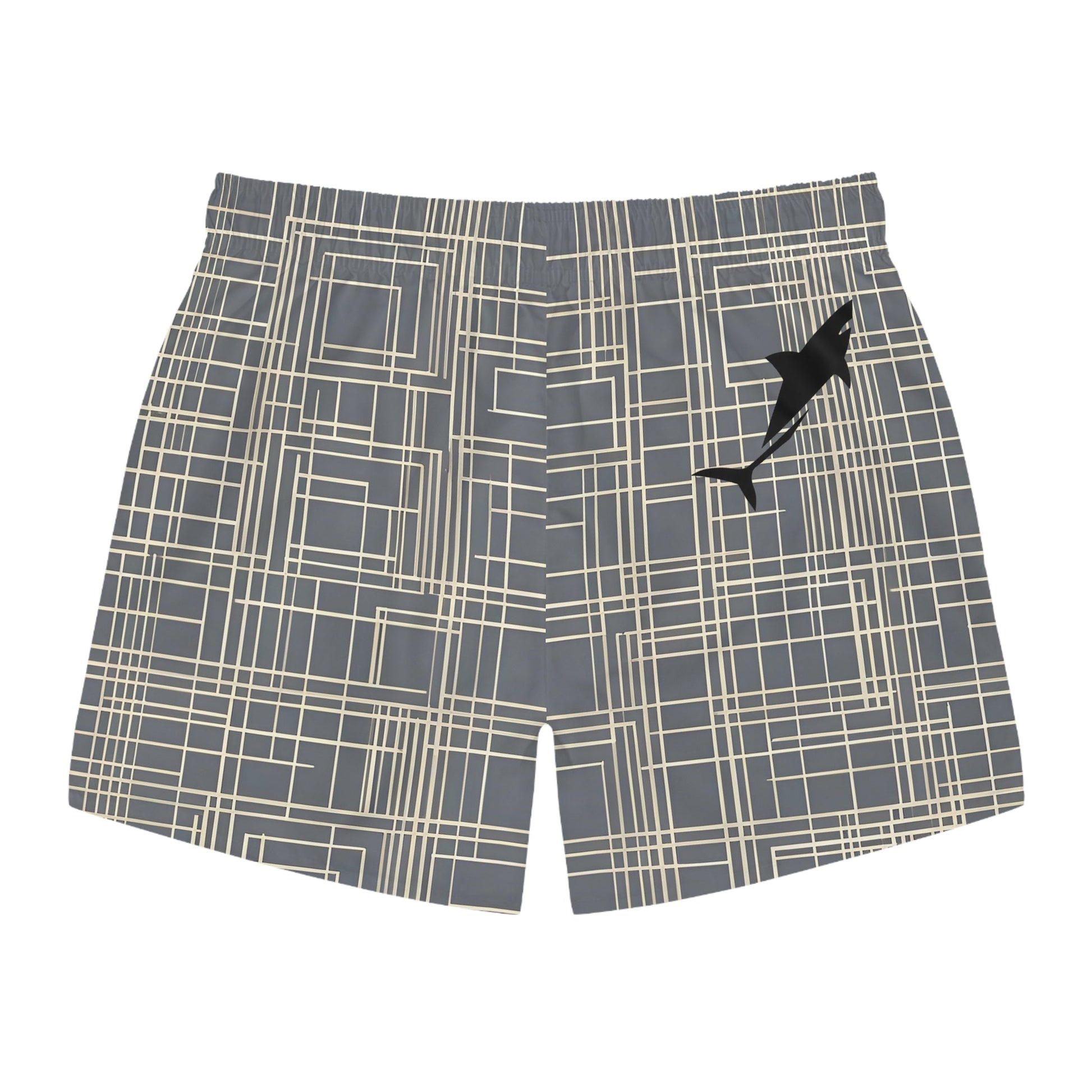 Geometric Grid Swim Trunks — Grey Plaid All-Over Print Printify bakabo.club