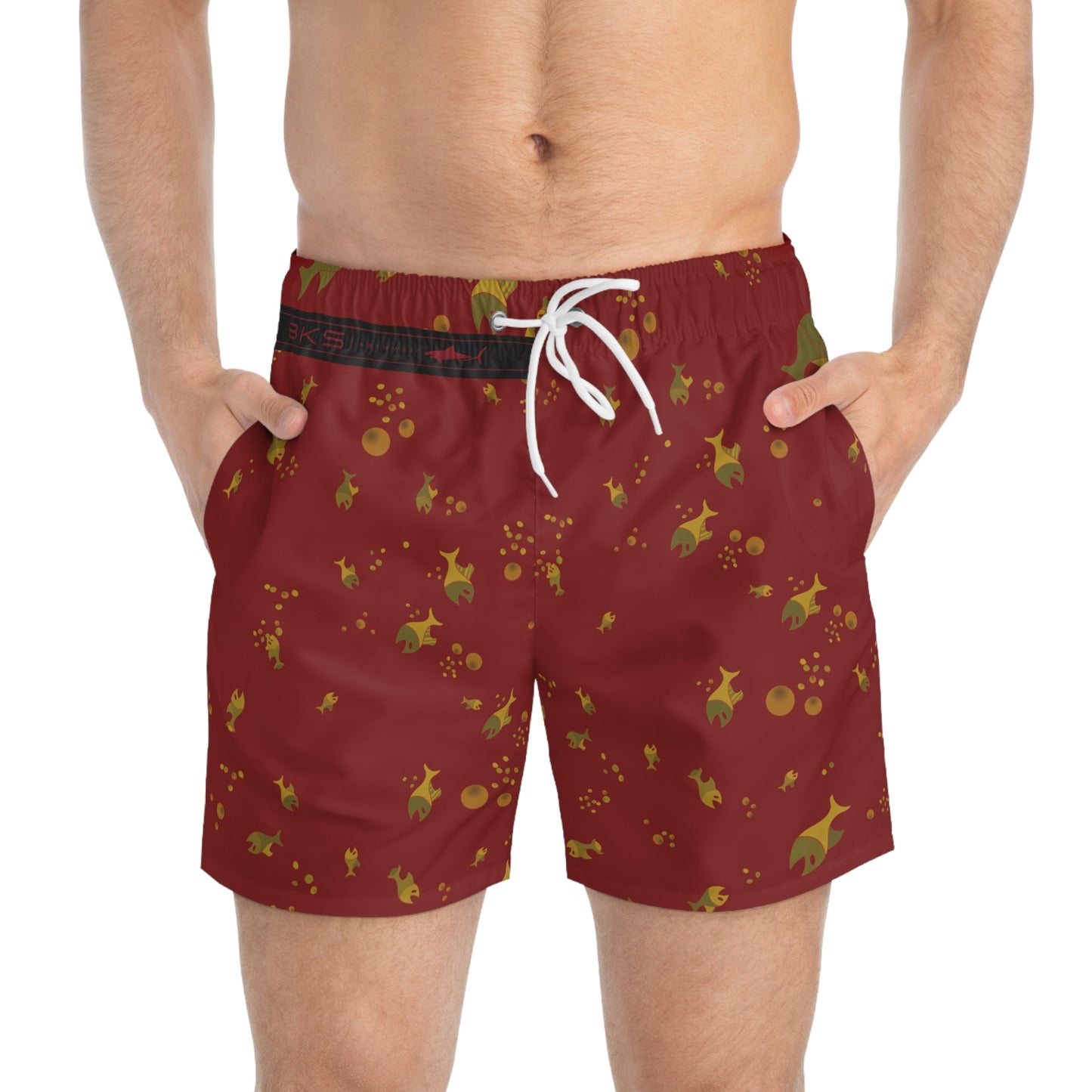 Goldfish Pattern Swim Trunks — Red All-Over-Print Men's Swim Shorts Printify bakabo.club